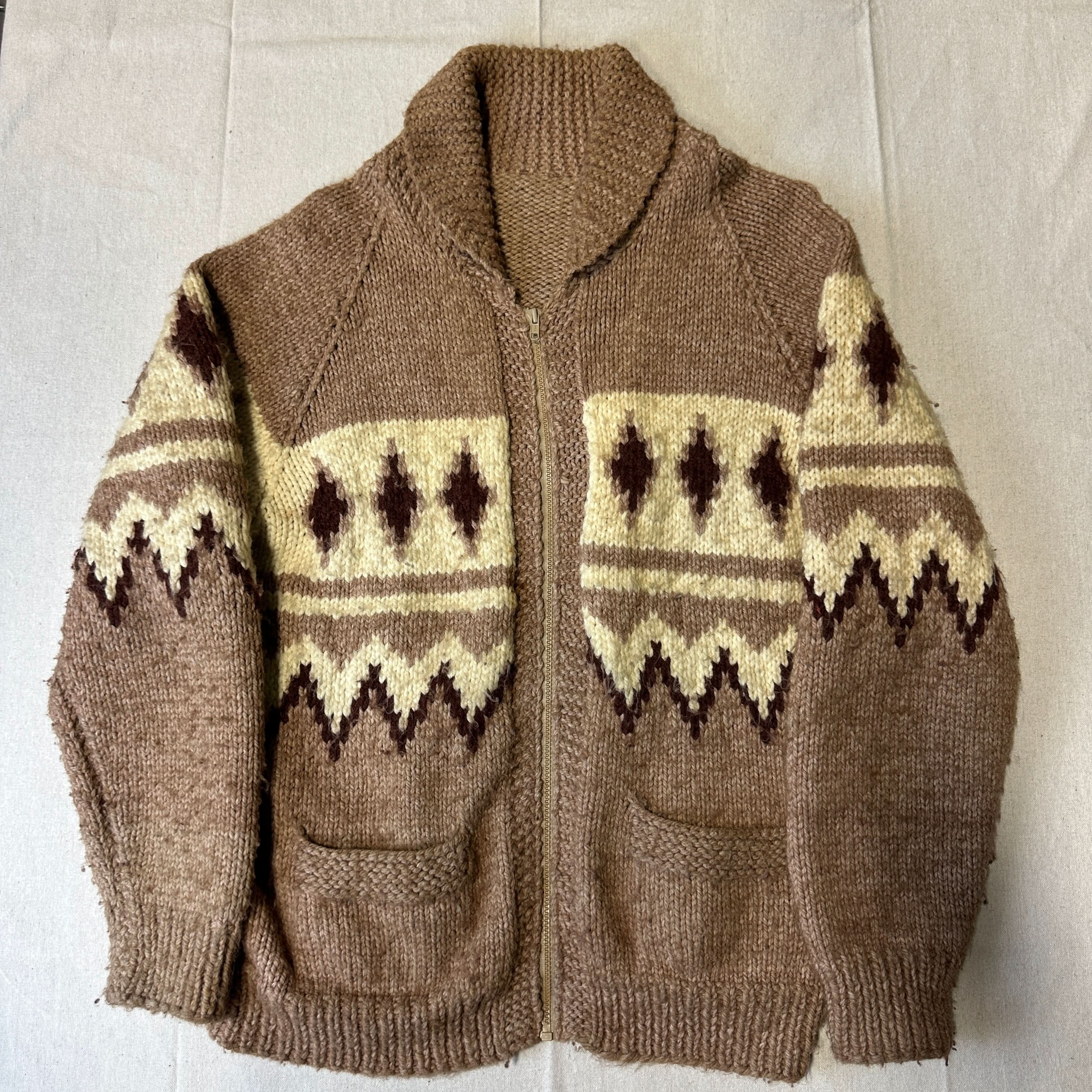 Vintage Hand Knit Zigzag Pattern Zip Up Sweater Size Large