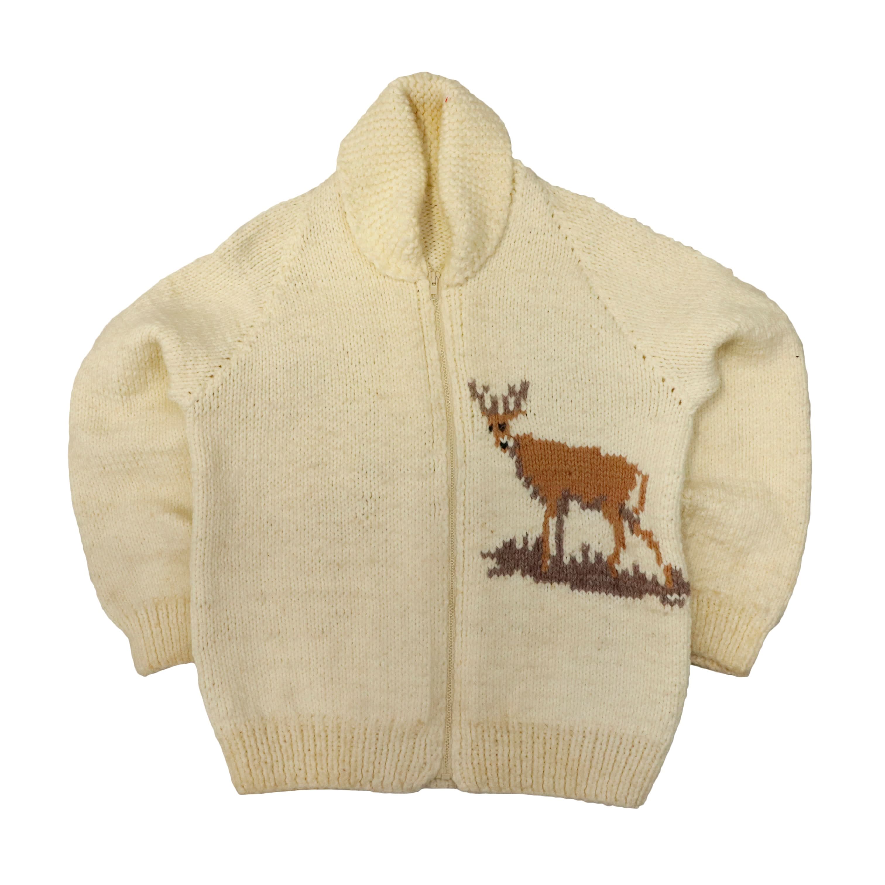 Vintage Hand Knit Deer Motif Wool Cardigan Sweater Size N/A