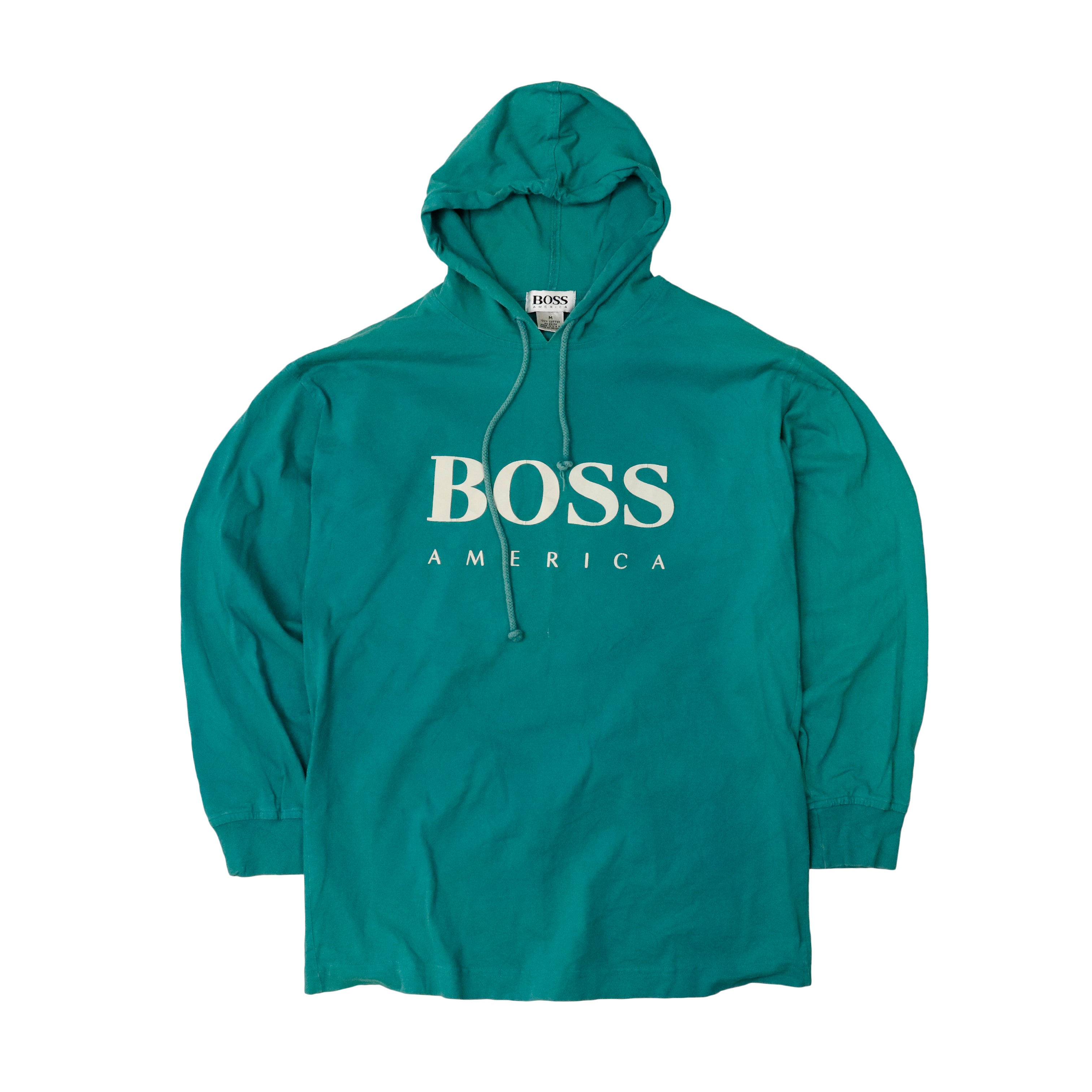 Vintage BOSS America Teal Hooded Pullover Sweatshirt Size M