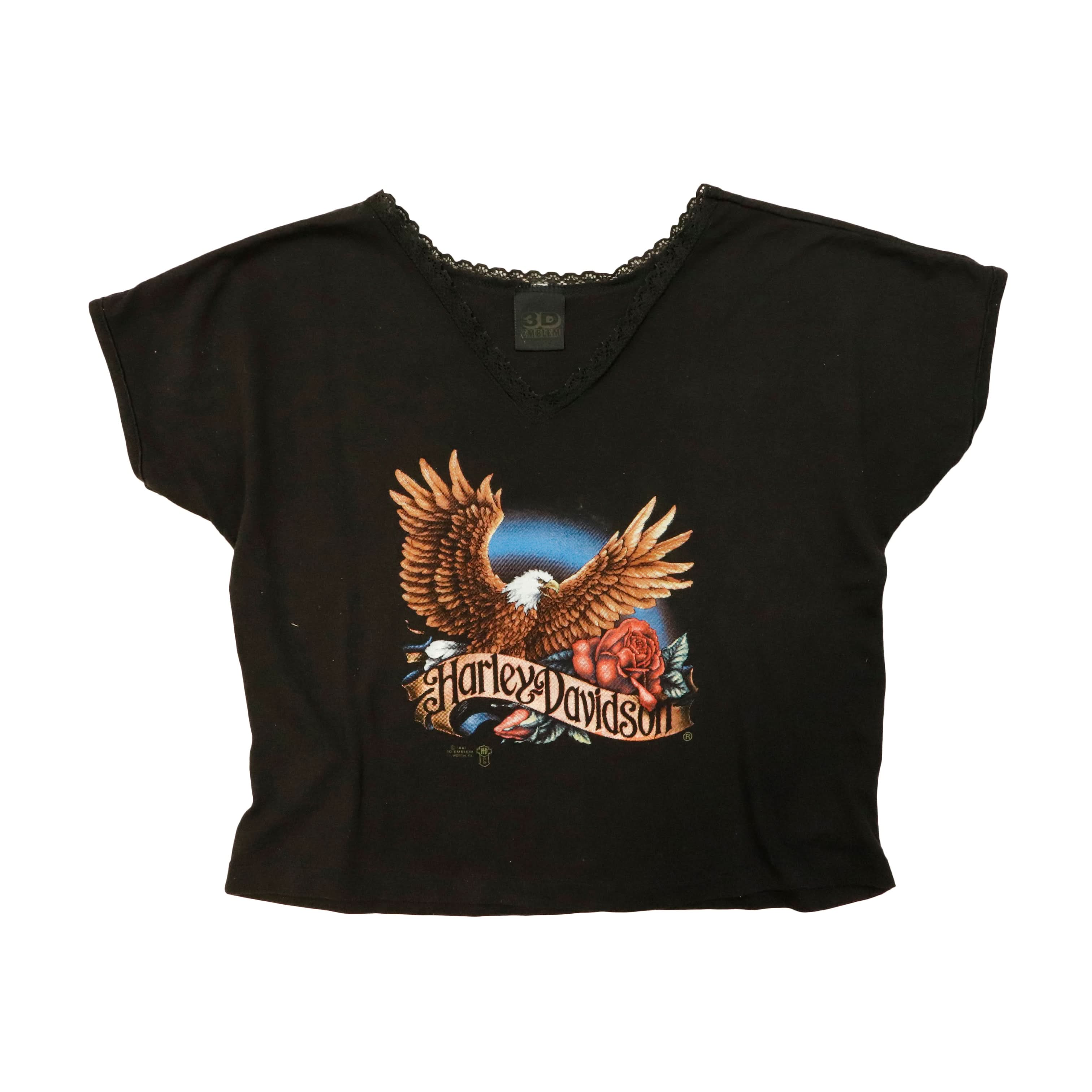 Vintage 1987 Harley Davidson lace trim cropped t-shirt Size M 3d Emblem