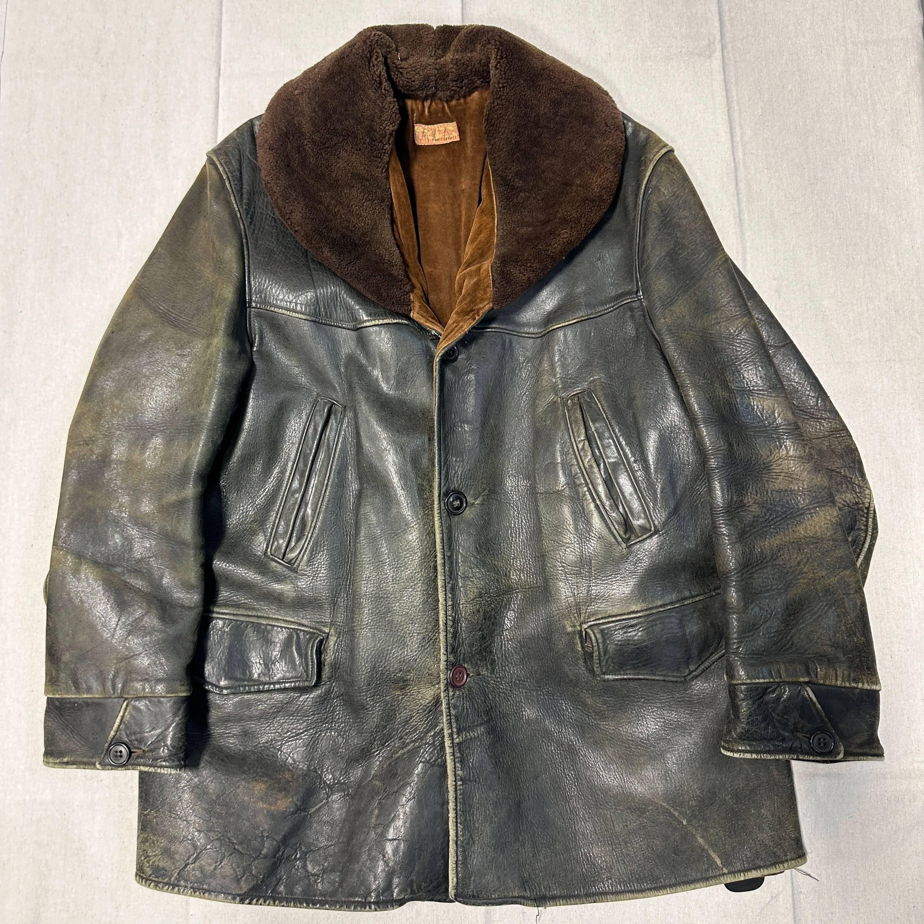 1950s Victoria Horsehide Leather Jacket Coat Size L 30s Barnstormer shearling FAIF.CA 