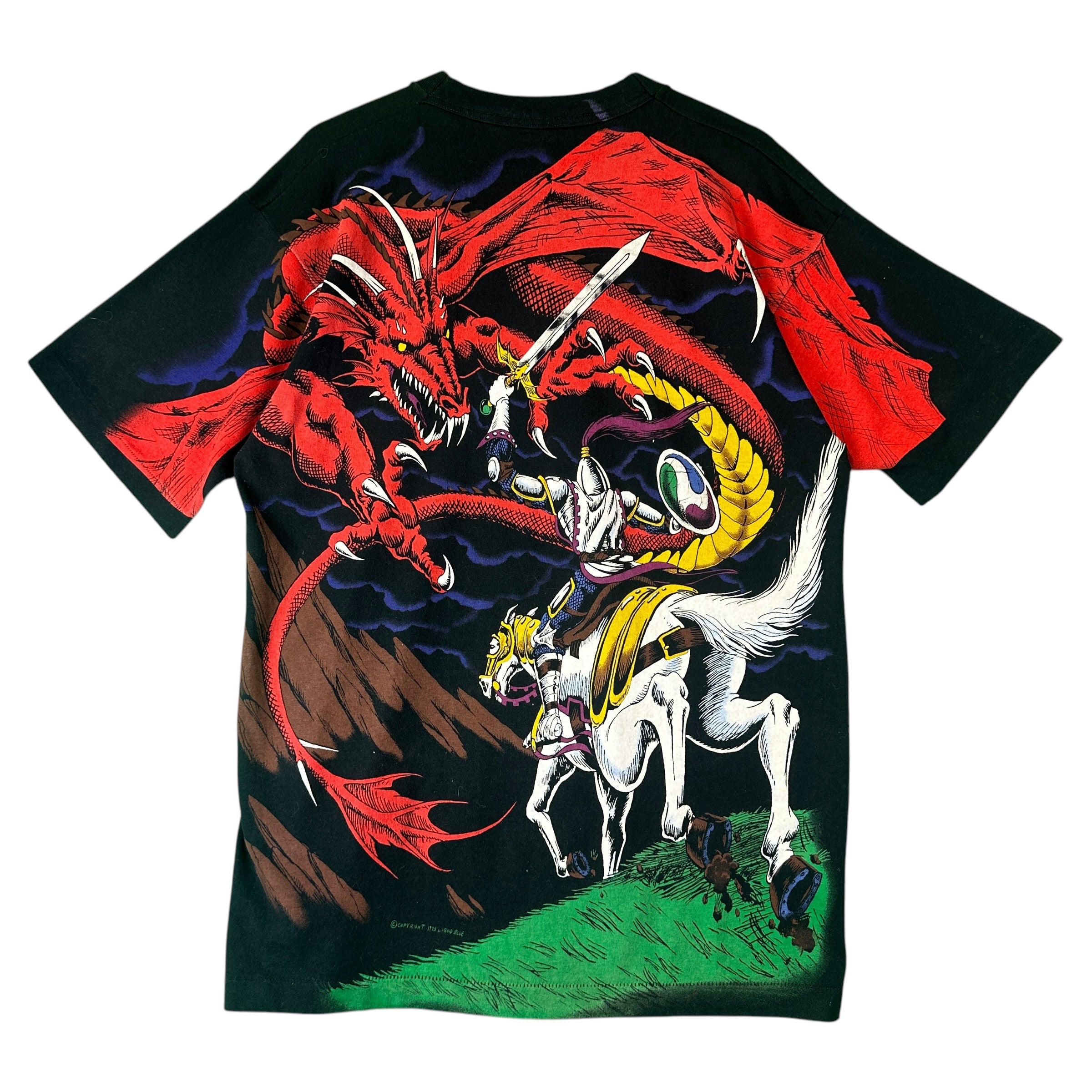Vintage Liquid Blue AOP Dragon Fighting Knight Shirt - L