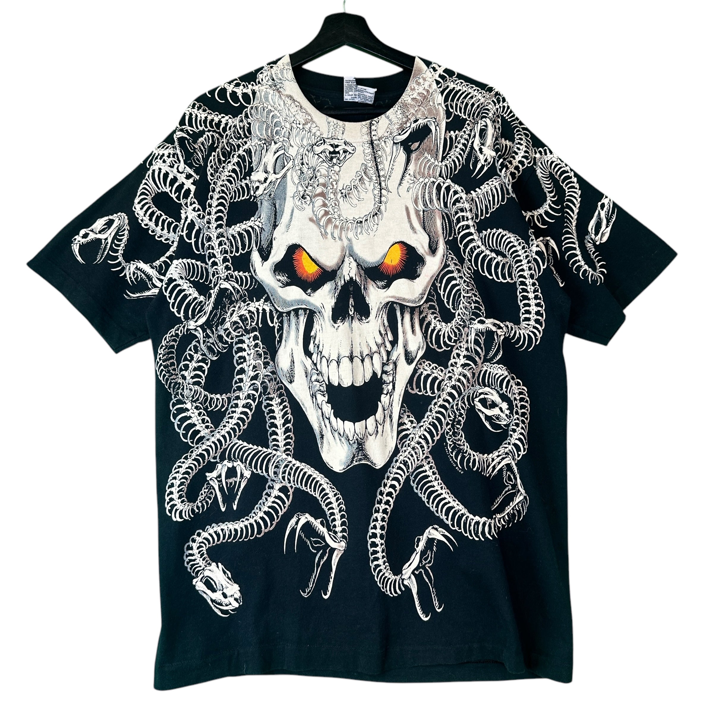 Vintage Liquid Blue Evil Skull With Snake Skeleton T Shirt - L