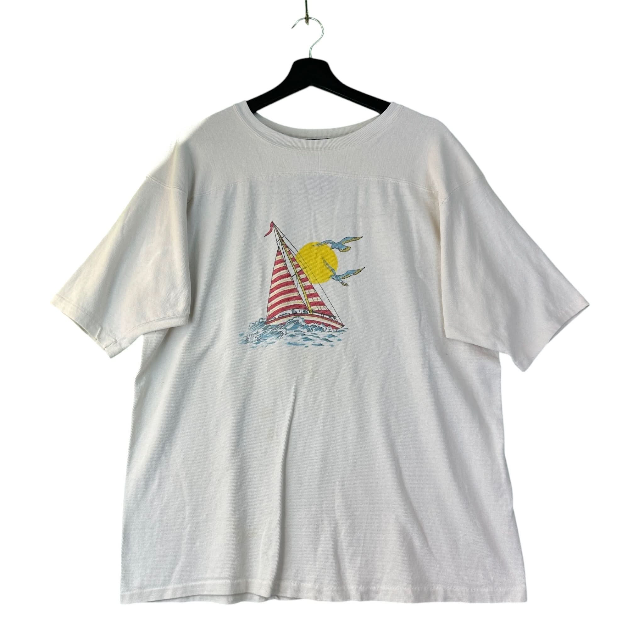 Vintage 60s Sailboat And Birds Water Print T Shirt