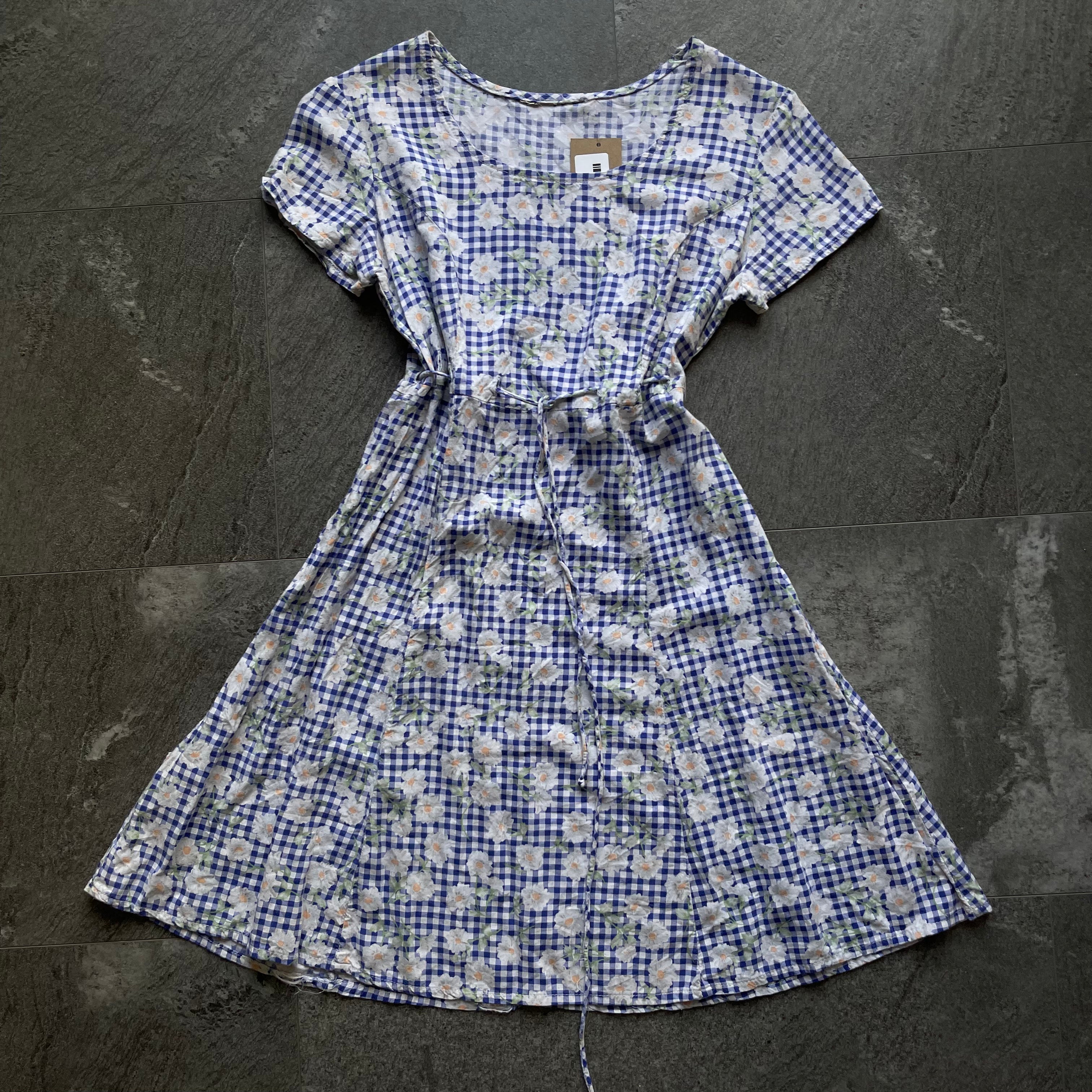 Blue Gingham and Floral Print Dress