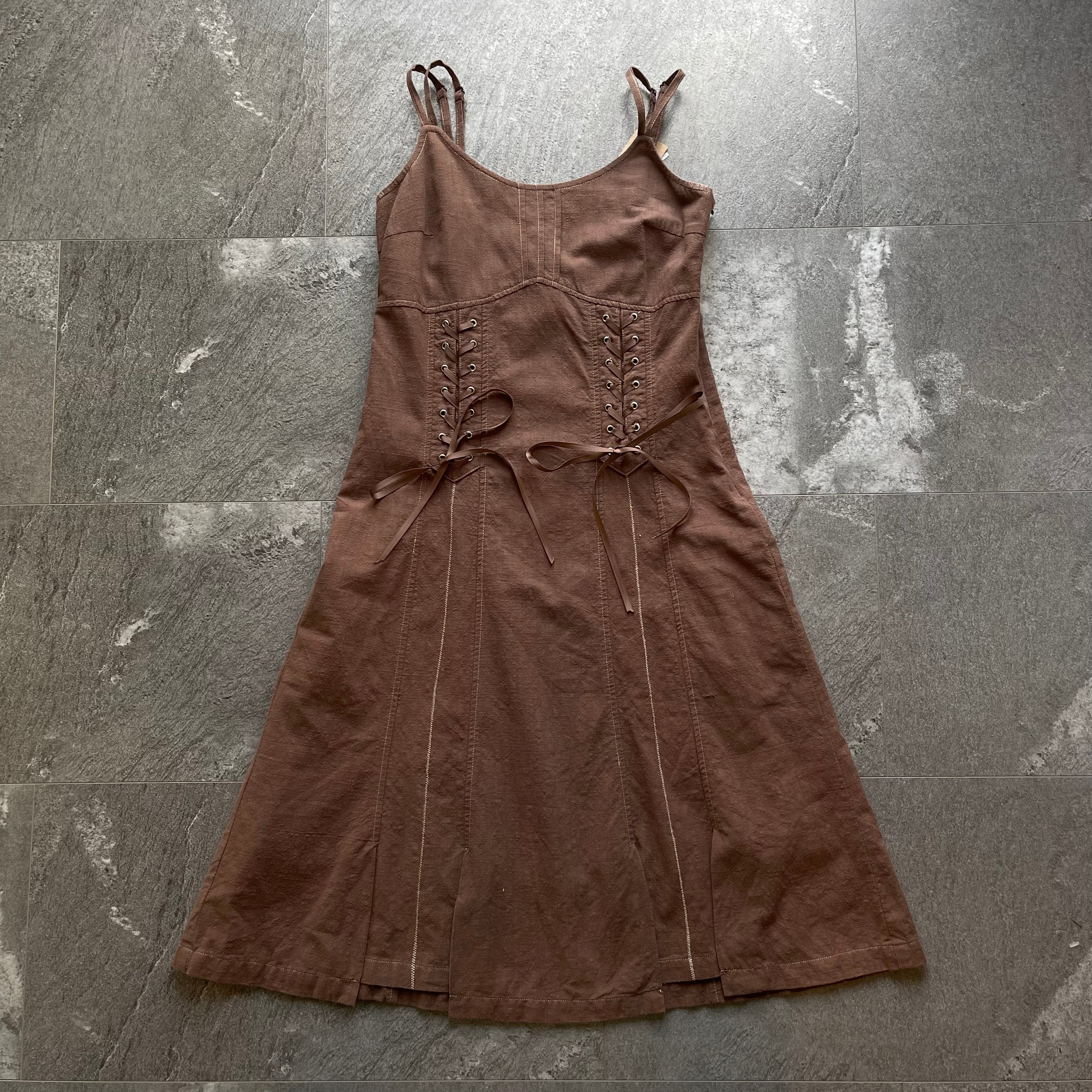 Brown Lace-Up Midi Dress