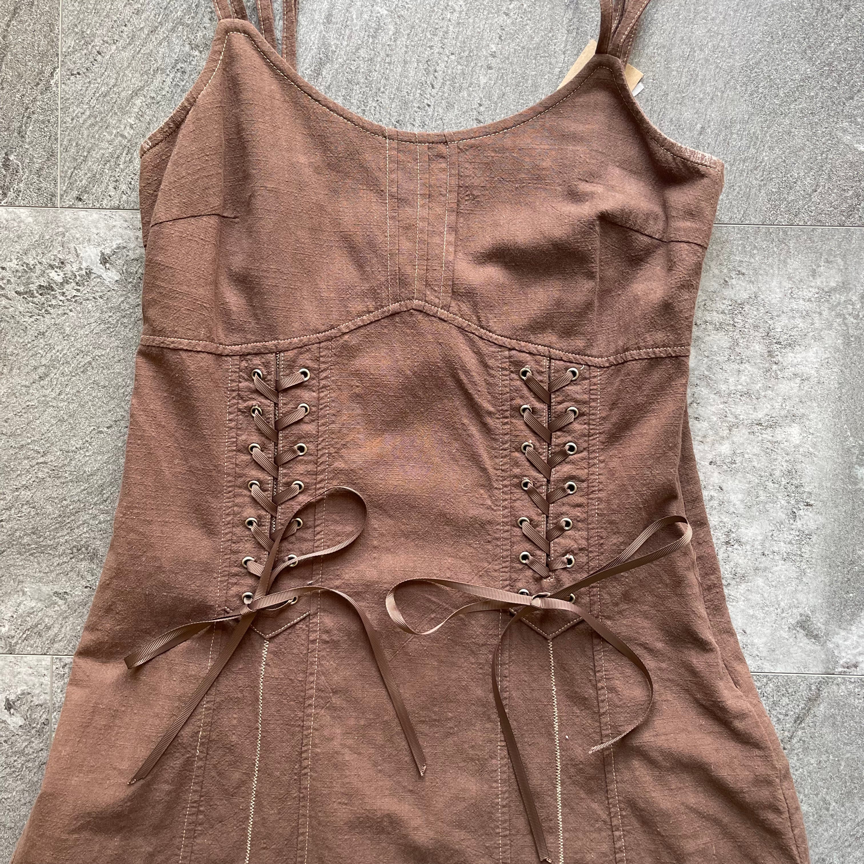 Brown Lace-Up Midi Dress