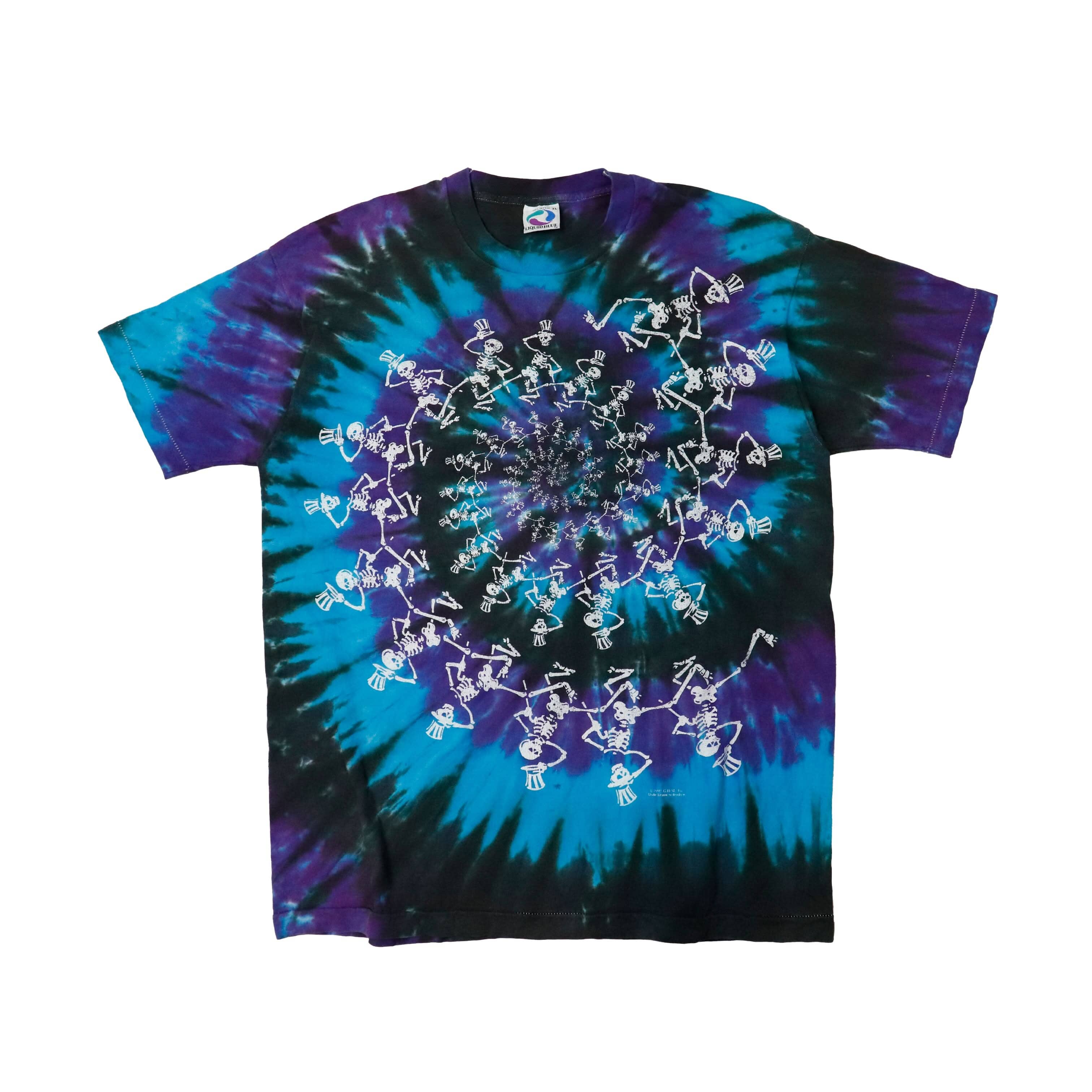 Vintage 1990 Liquid Blue Dancing Skeletons Tie-Dye T-Shirt Size XL FAIF.CA 