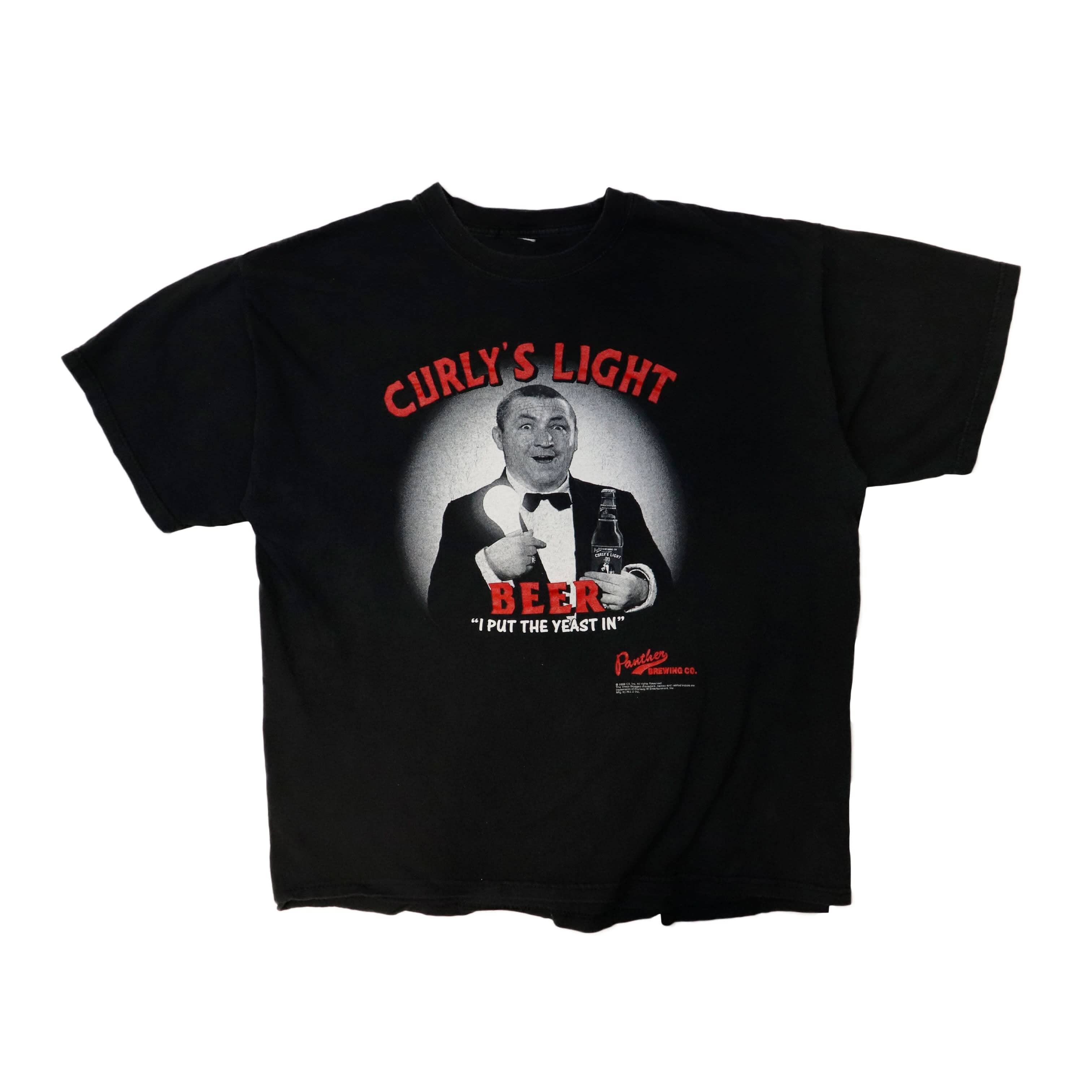 Vintage 1999 Curly's Light Beer Panther Brewing Graphic T-Shirt Size N/A FAIF.CA 