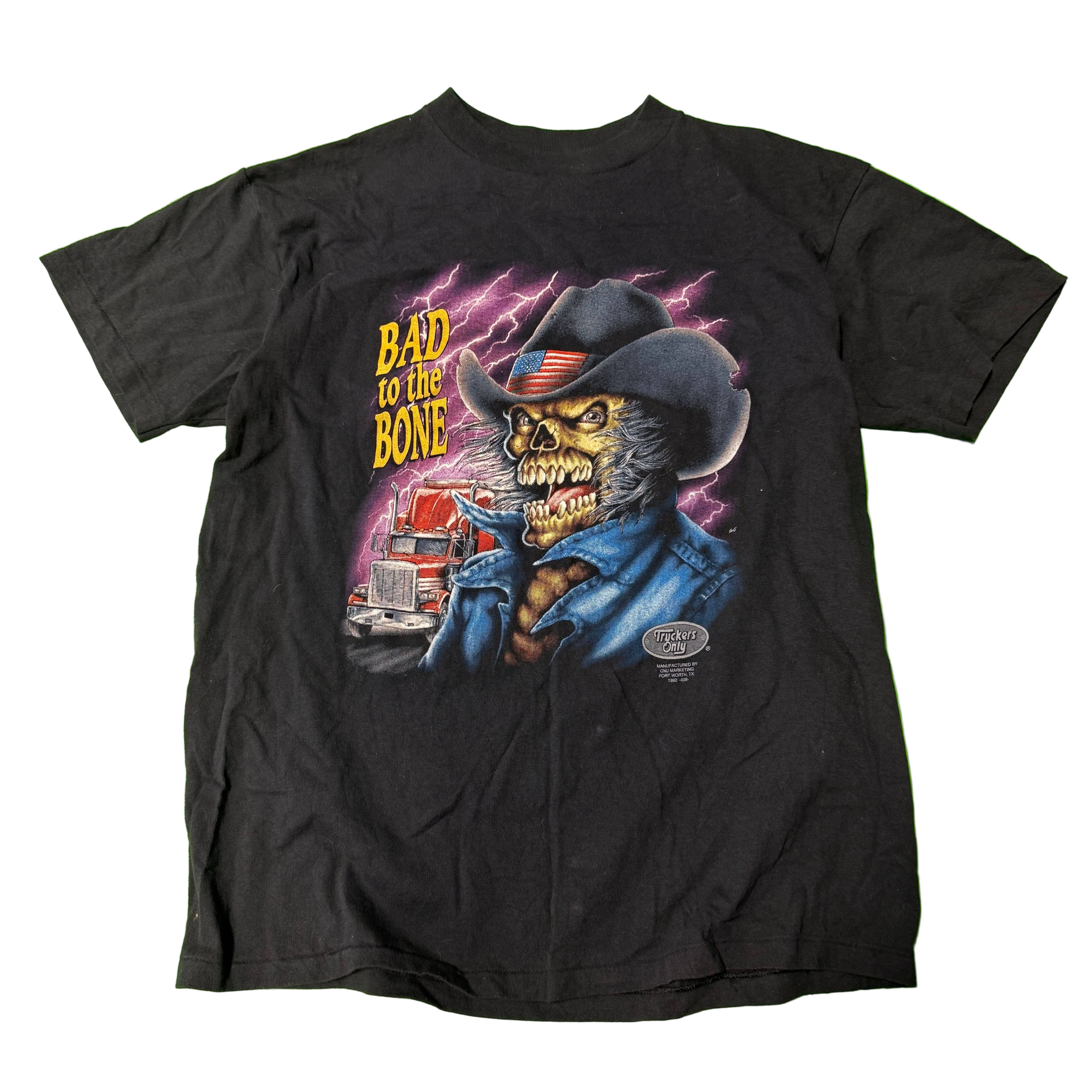 Vintage 3D Emblem Bad to the Bone Trucker Graphic T-Shirt Size Large 90s FAIF.CA 