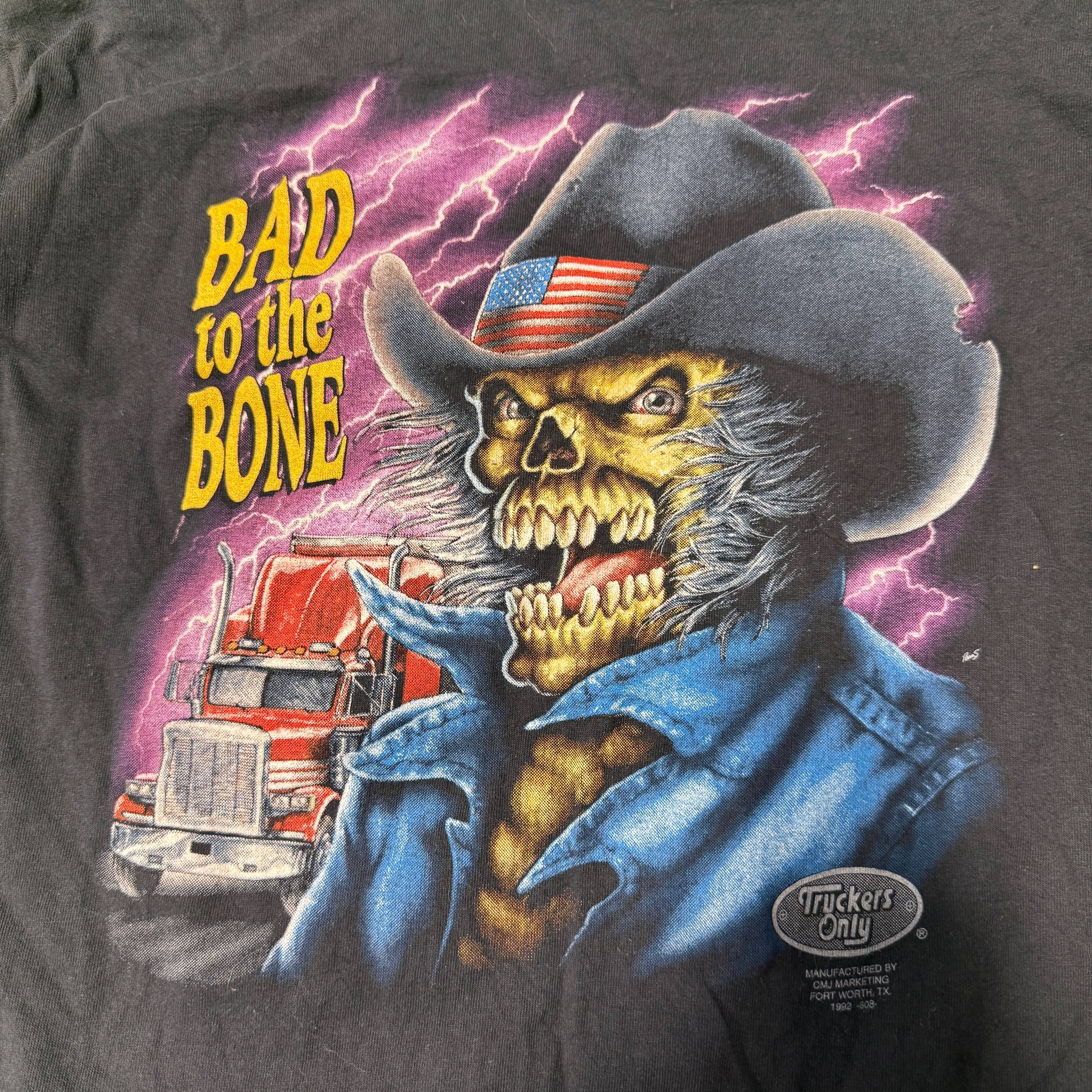 Vintage 3D Emblem Bad to the Bone Trucker Graphic T-Shirt Size Large 90s FAIF.CA 