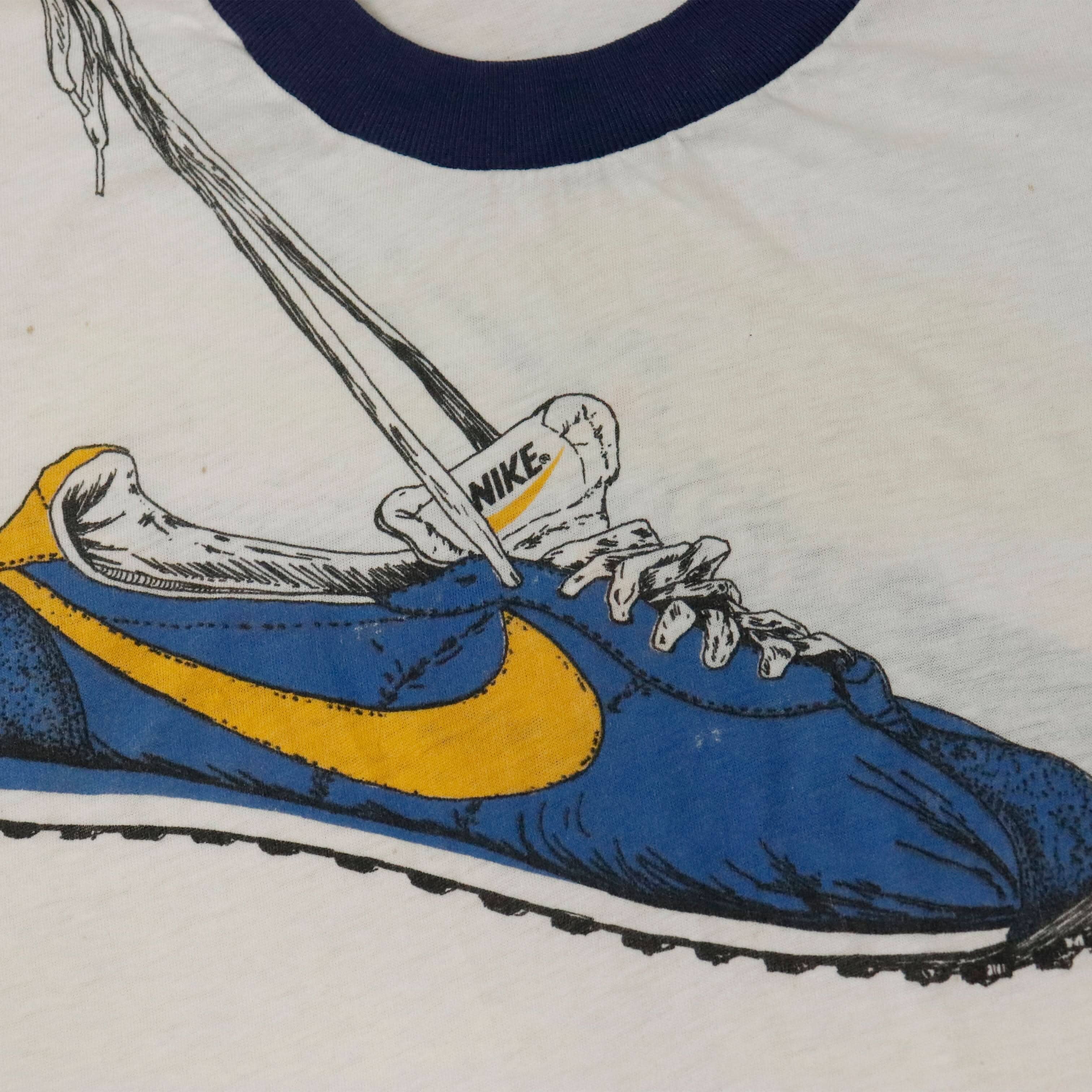 Vintage 70s 80s Nike waffle runners shoes over shoulder Ringer Graphic T-Shirt Size XL FAIF.CA 