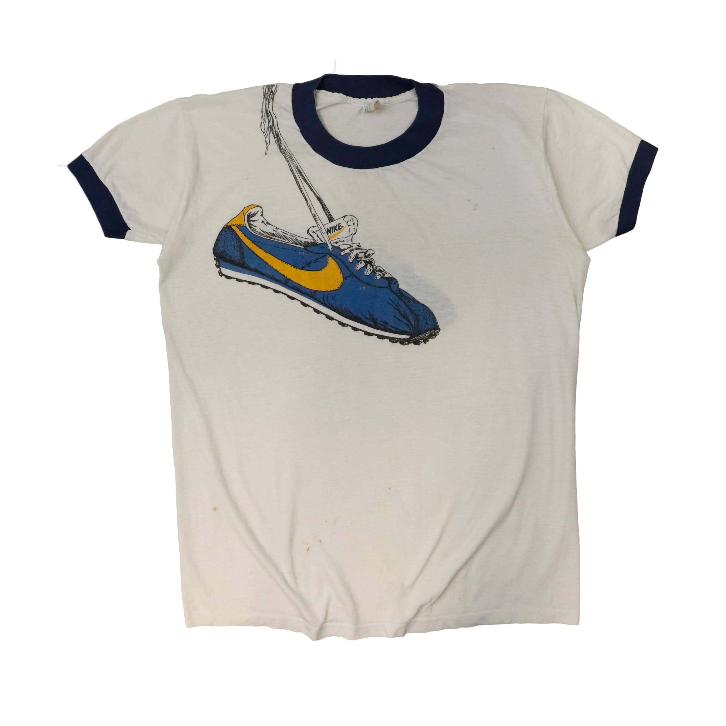 Vintage 70s 80s Nike waffle runners shoes over shoulder Ringer Graphic T-Shirt Size XL FAIF.CA 