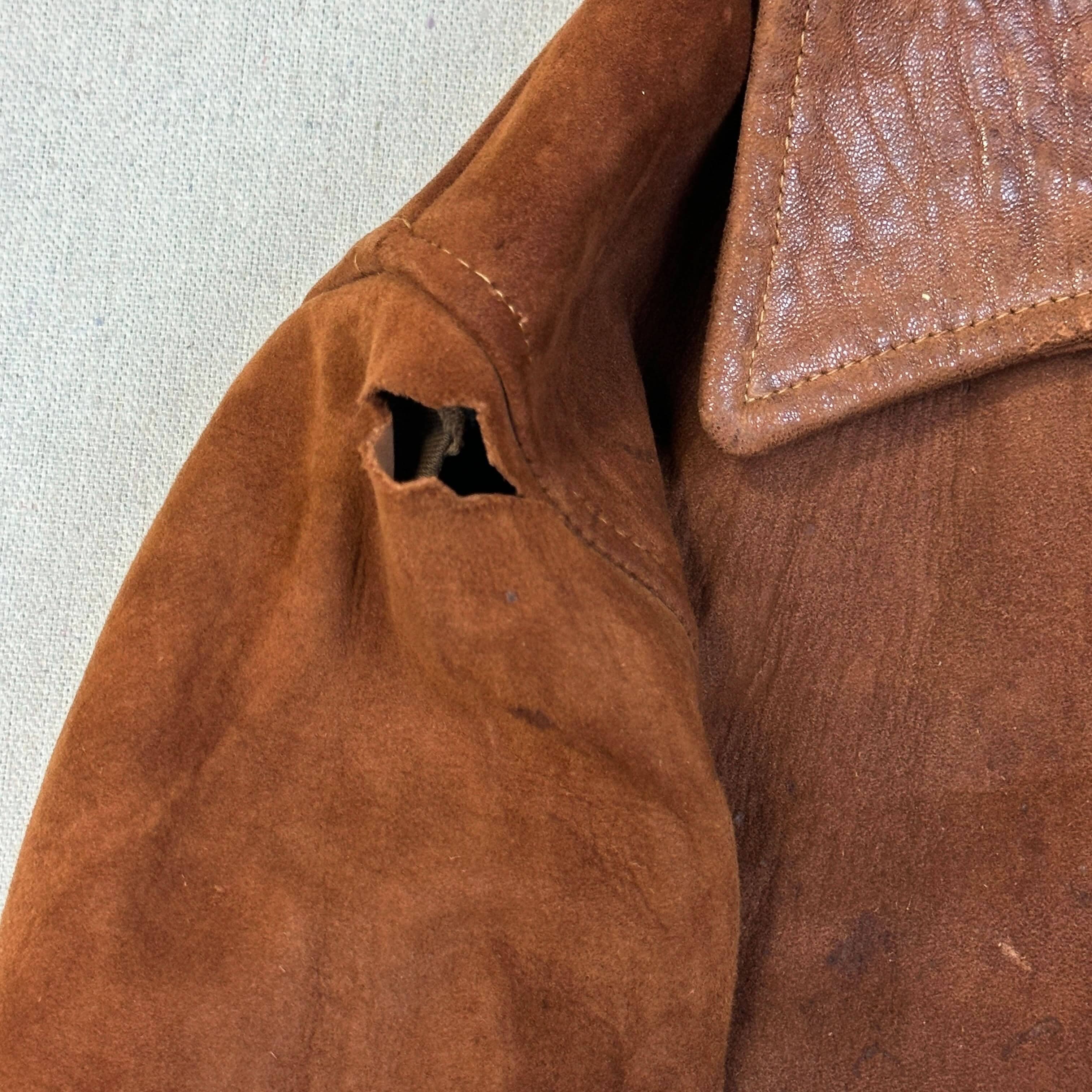 Vintage Brown Suede Leather Jacket with Notched Collar Size Medium 40s FAIF.CA 