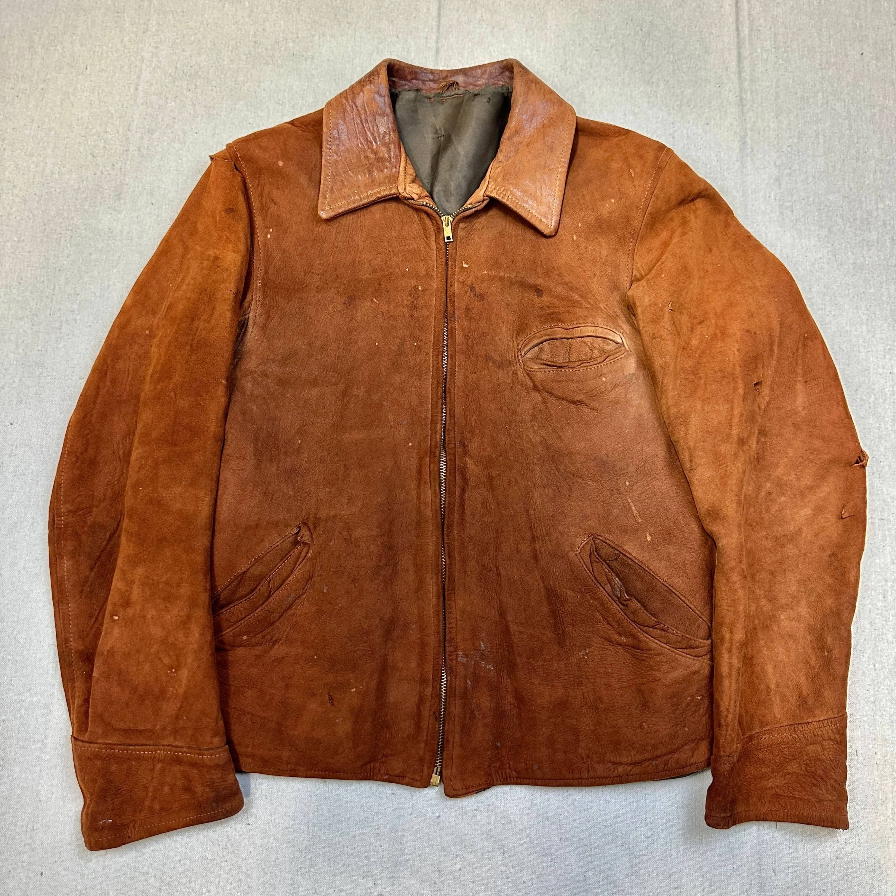 Vintage Brown Suede Leather Jacket with Notched Collar Size Medium 40s FAIF.CA 