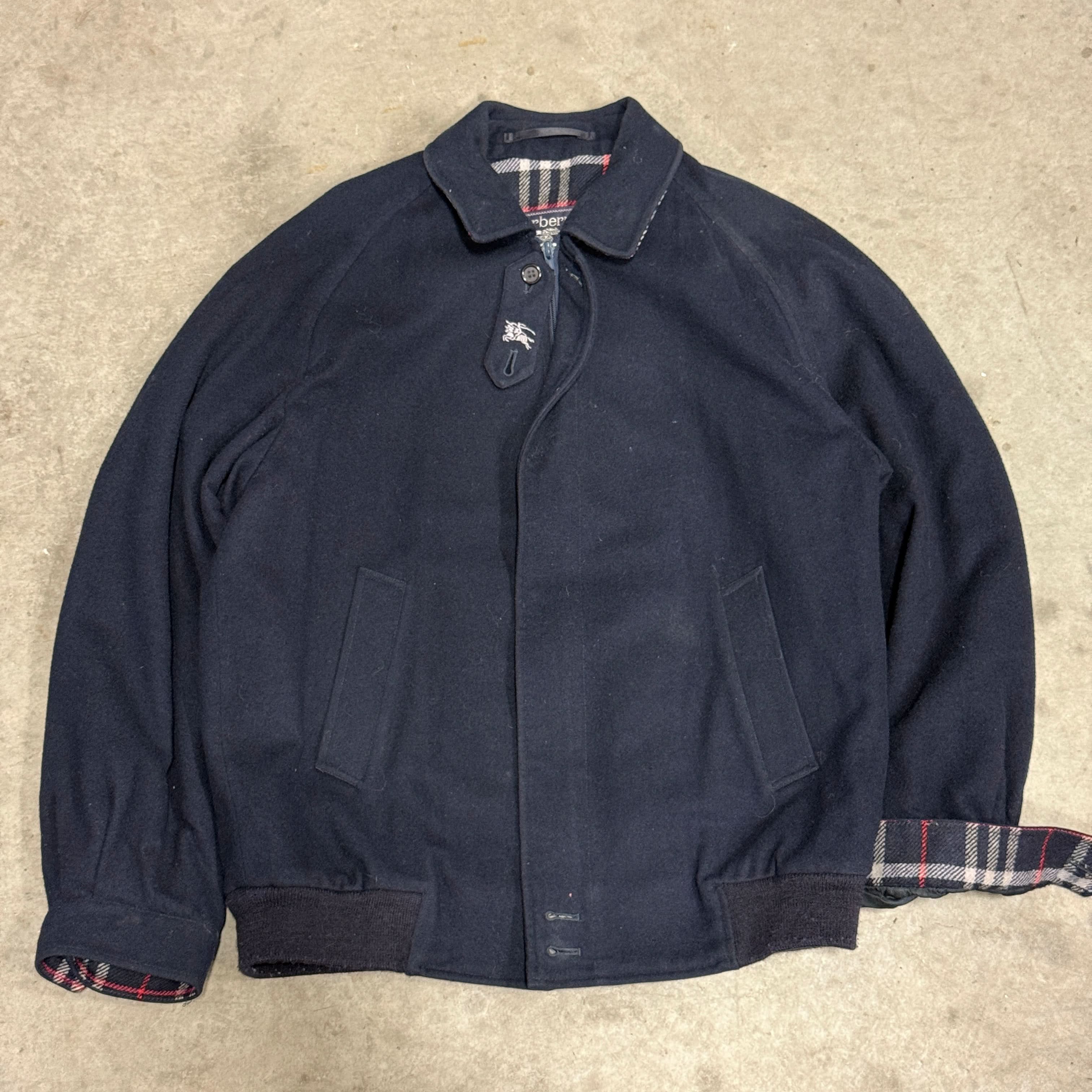 Vintage Burberrys Plaid-Lined Wool Bomber Jacket Size L 80s Authentic FAIF.CA 