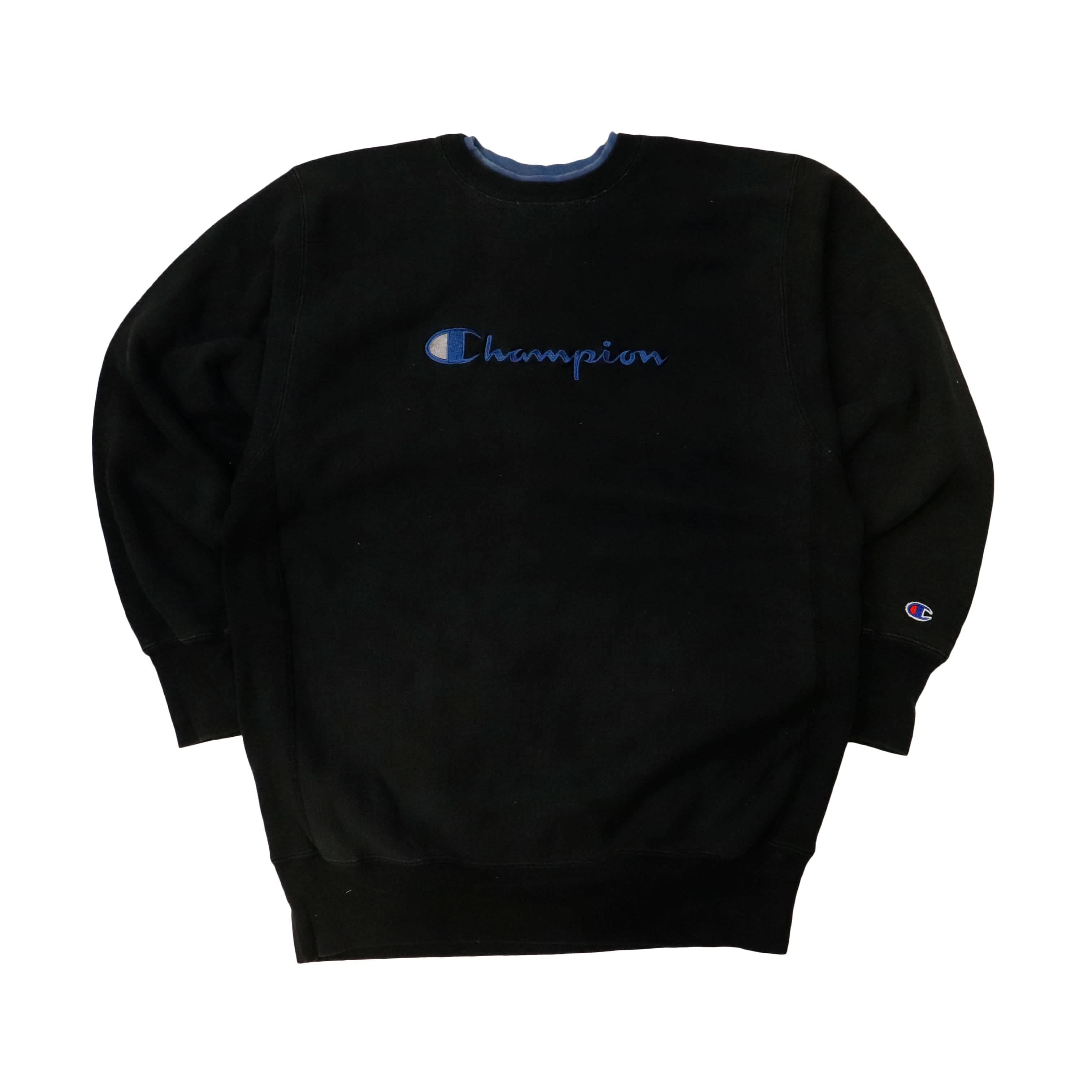 Vintage Champion Reverse Weave Embroidered Logo Black Crewneck Sweatshirt Size L 90s FAIF.CA 