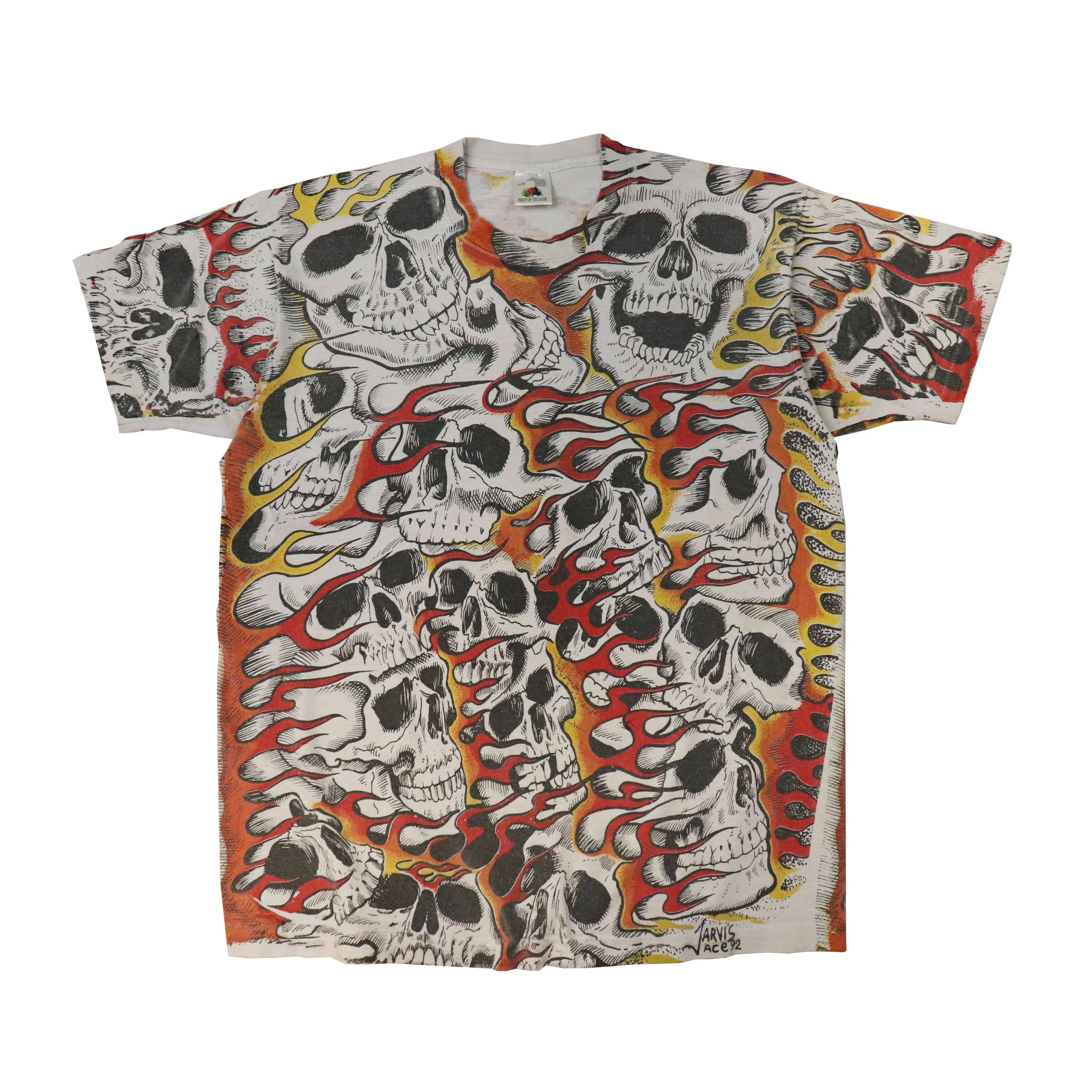 Vintage Fruit of the Loom Jarvis Ace 92 Skull Flames Graphic T-Shirt Size L FAIF.CA 