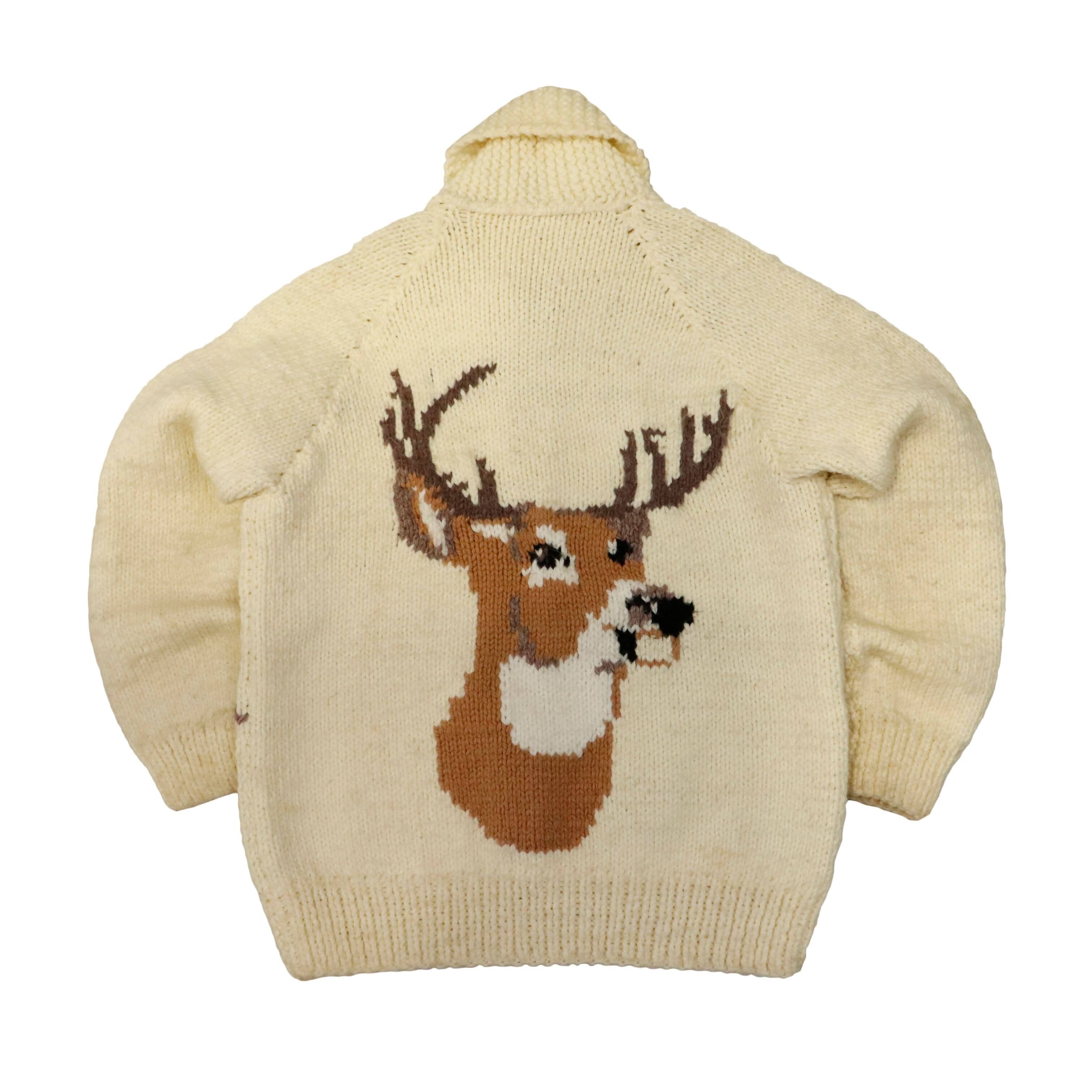 Vintage Hand Knit Deer Motif Wool Cardigan Sweater Size N/A FAIF.CA 
