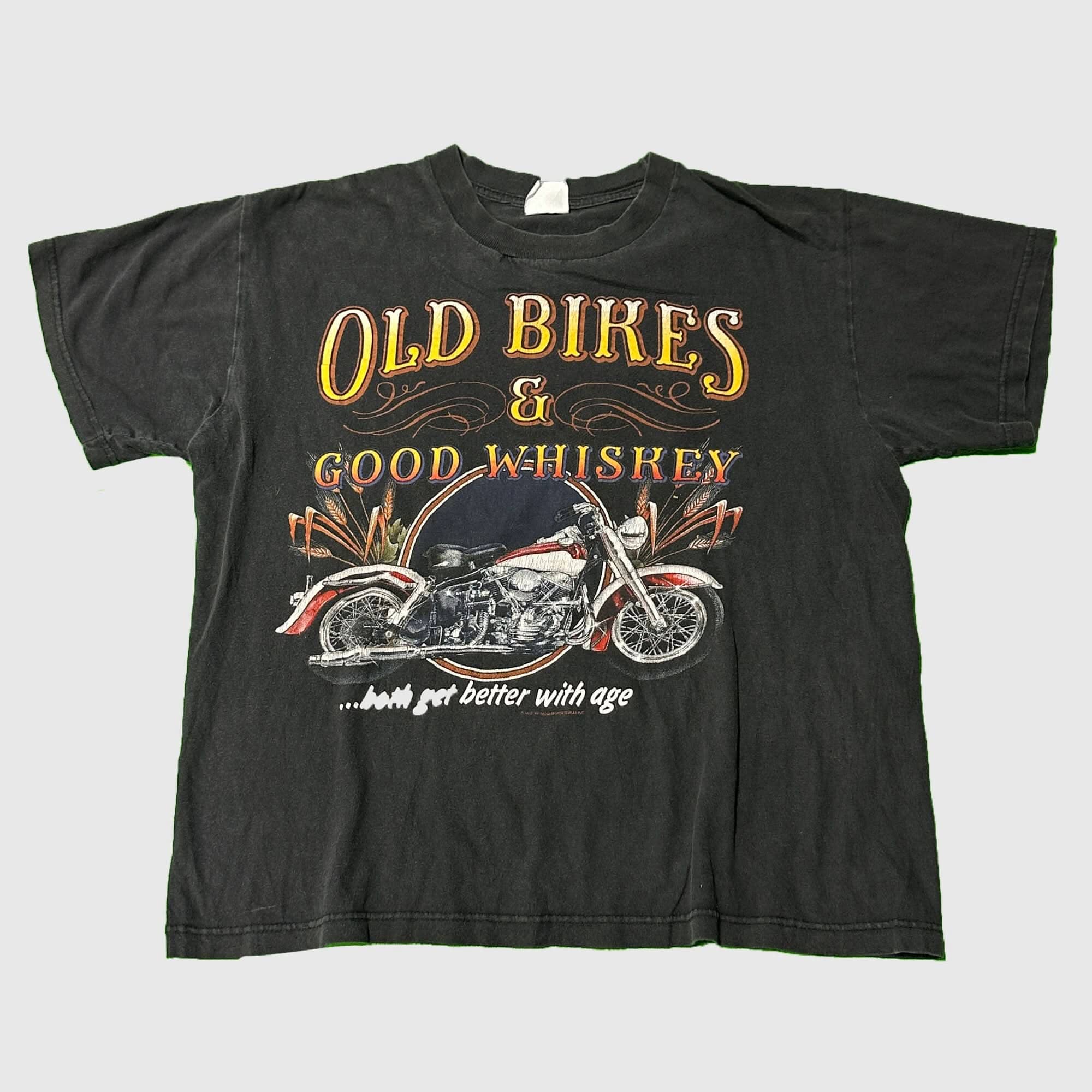 Vintage Harley Davidson Old Bikes & Good Whiskey Graphic T-Shirt Size L FAIF.CA 