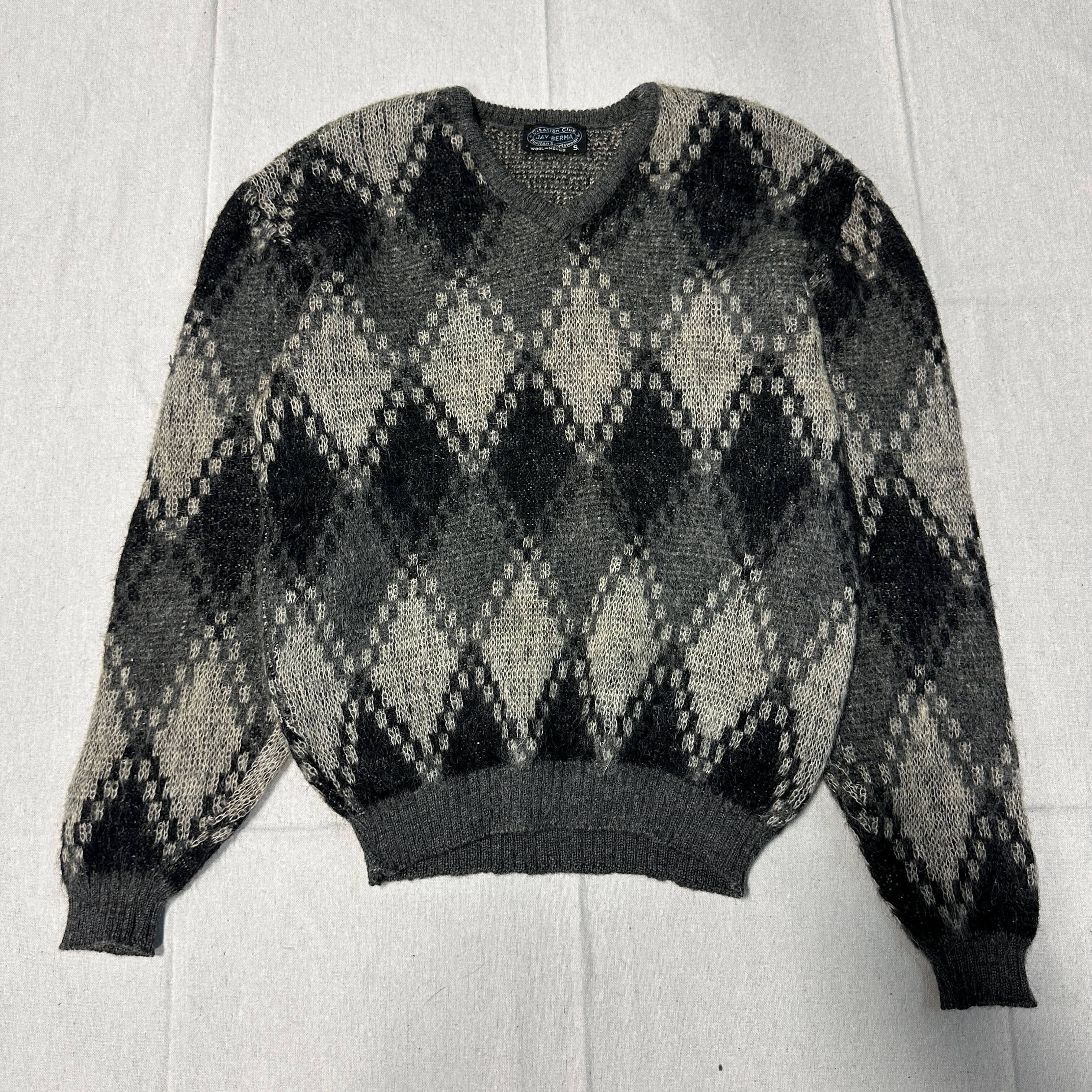 Vintage Jay-Berma Argyle Wool Mohair Sweater Size S 70s Kurt Cobain FAIF.CA 