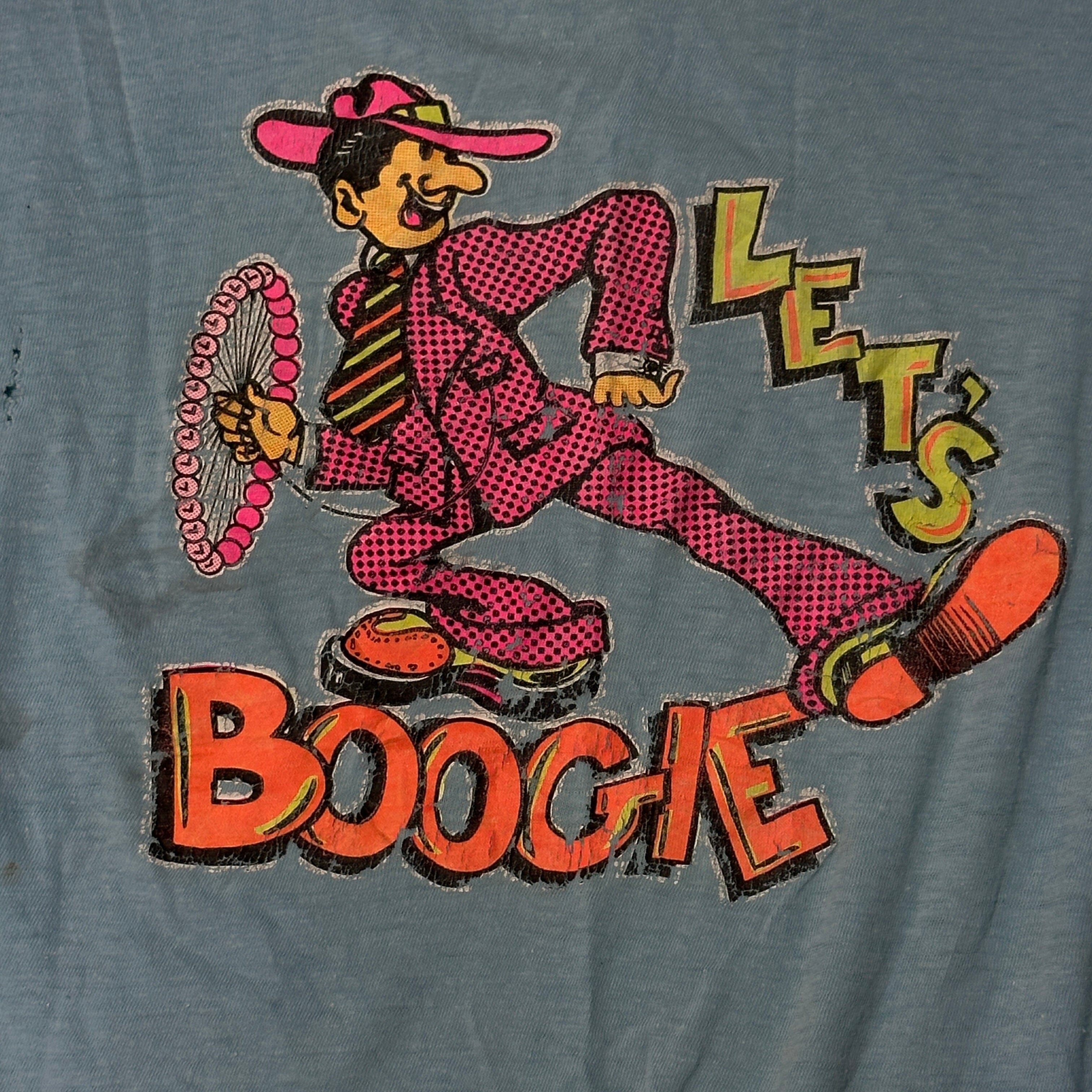 Vintage Let's Boogie Graphic Blue T-Shirt Size M 70s FAIF.CA 