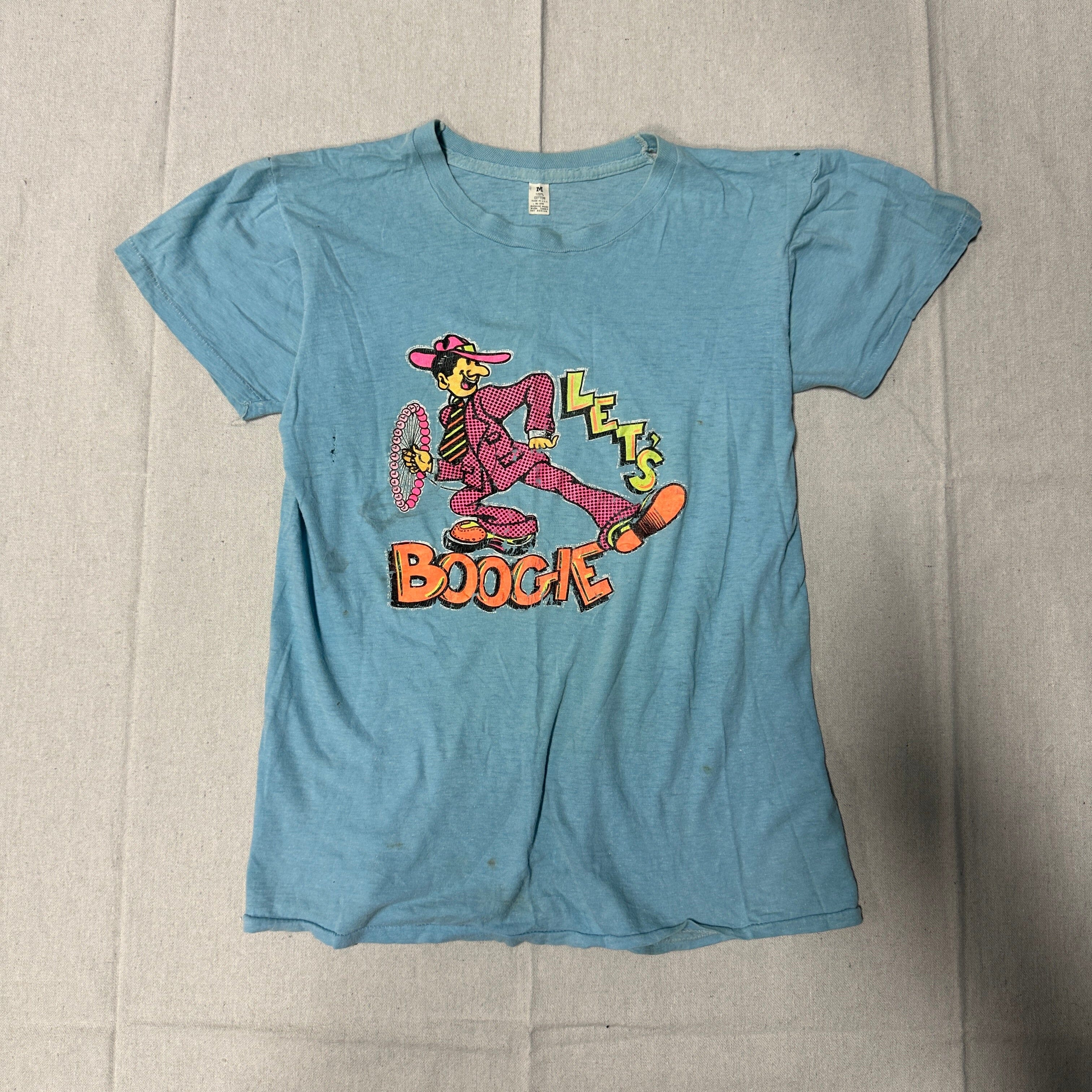 Vintage Let's Boogie Graphic Blue T-Shirt Size M 70s FAIF.CA 