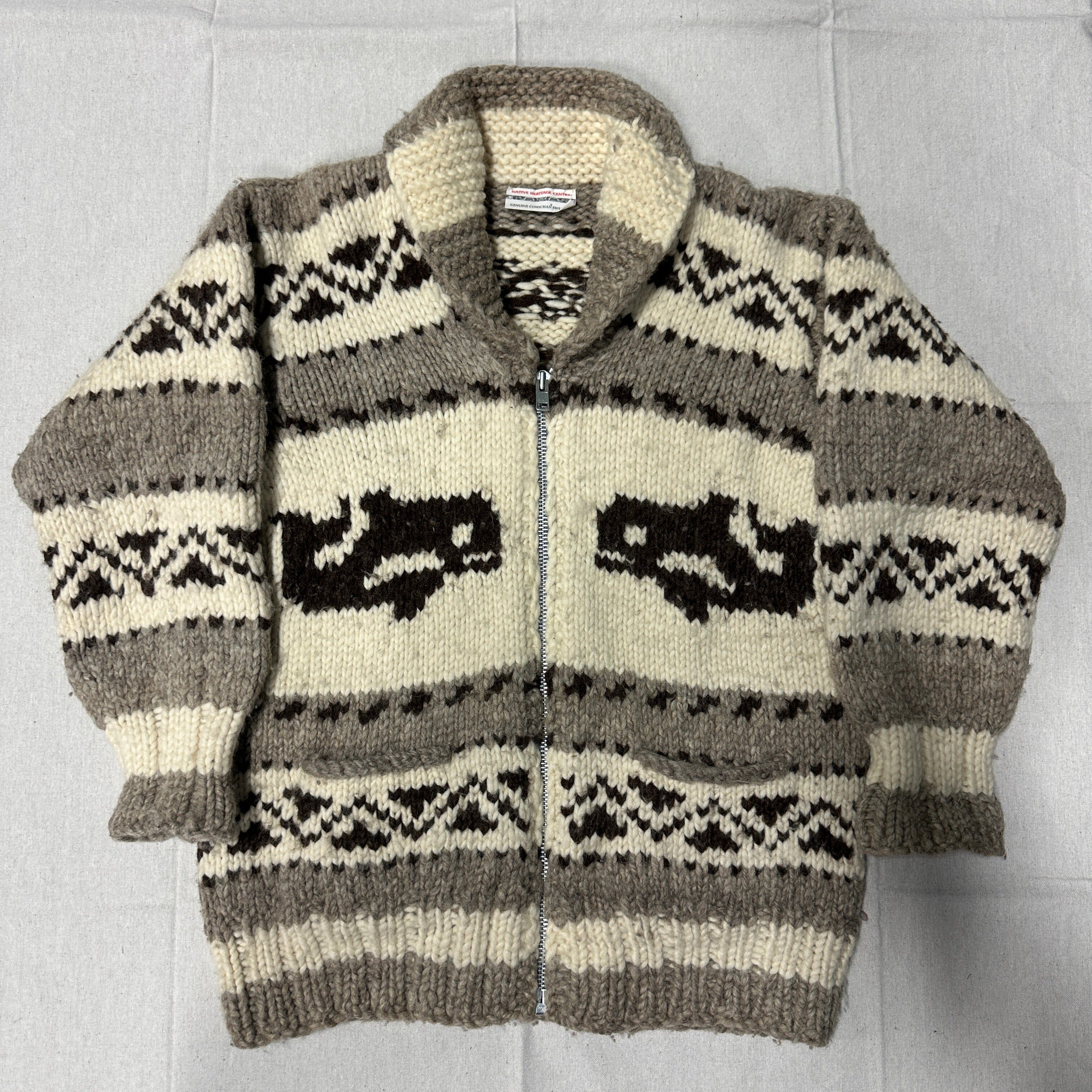 Vintage Native Heritage Centre Hand Knit Cowichan Zip Sweater Size M FAIF.CA 