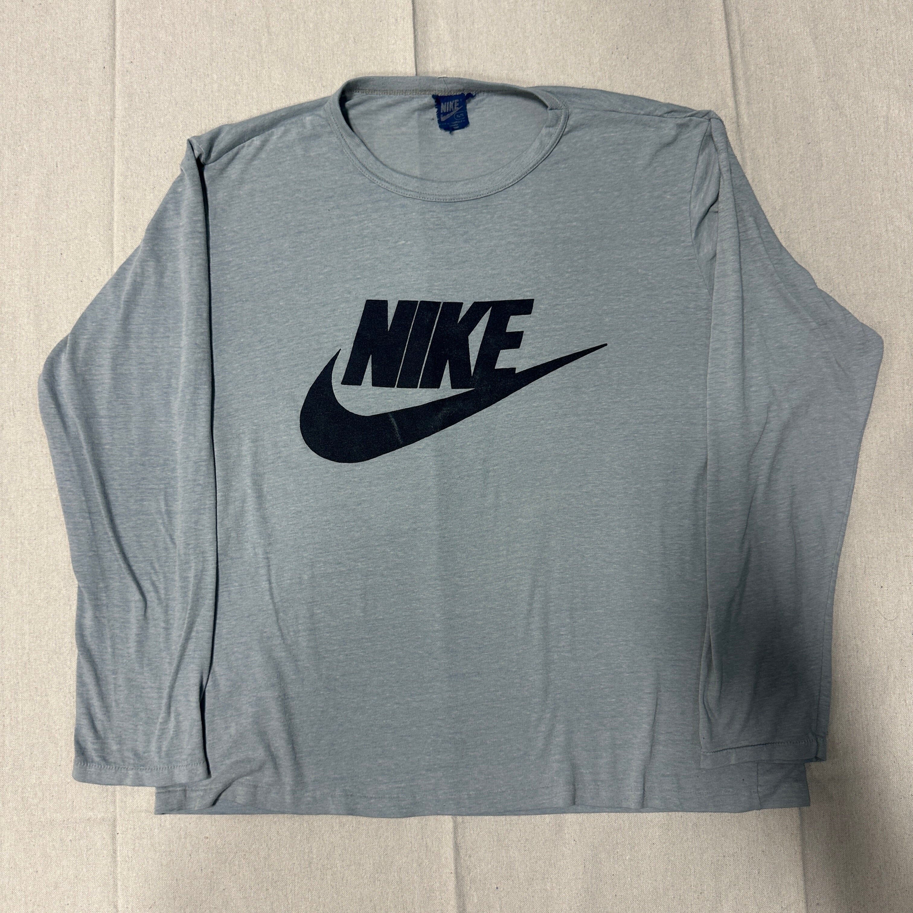 Vintage Nike Large Logo Long Sleeve Shirt Size XL 80s Blue Tag Pinwheel FAIF.CA 