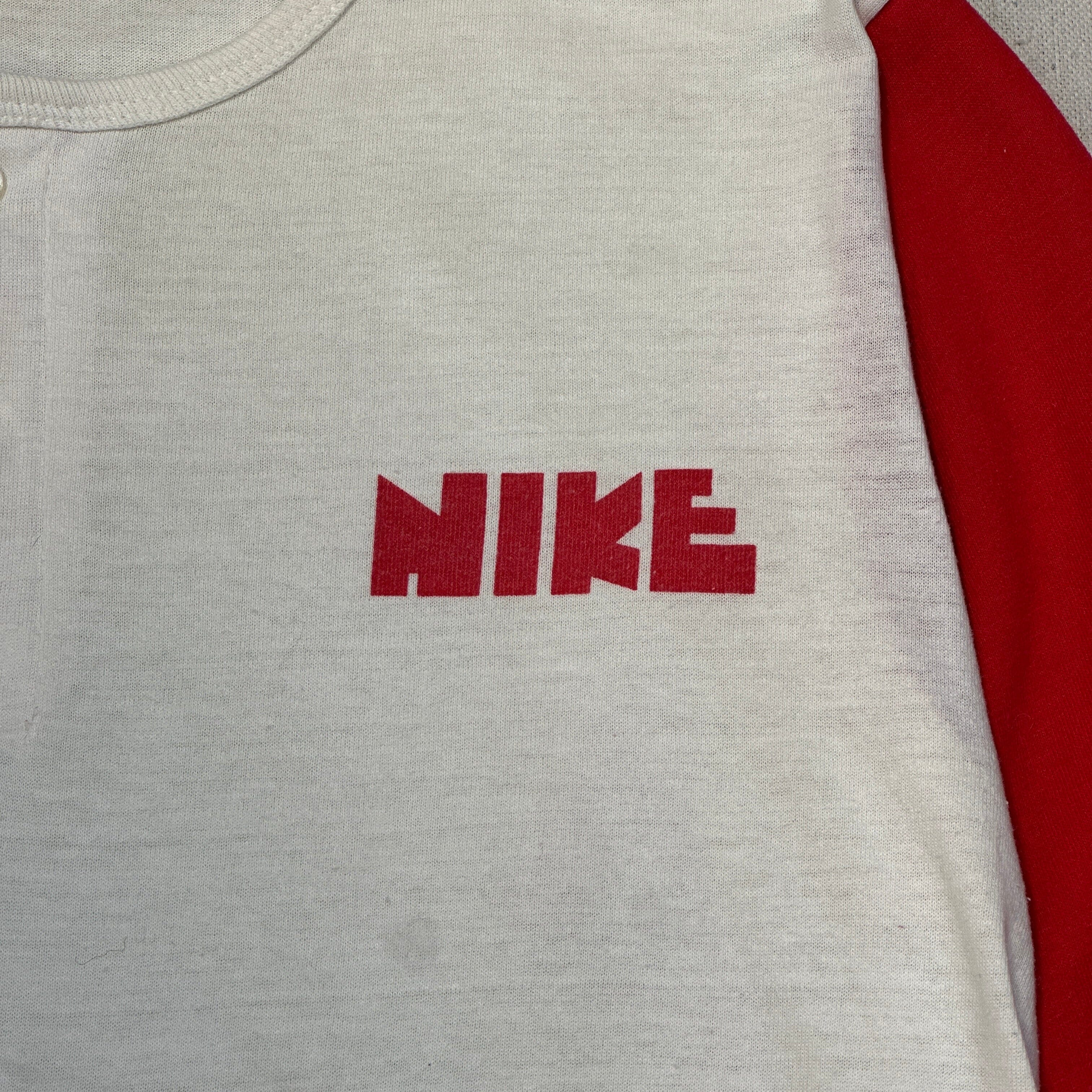 Vintage Nike Red Sleeve Henley Baseball Shirt Size Medium 80s FAIF.CA 