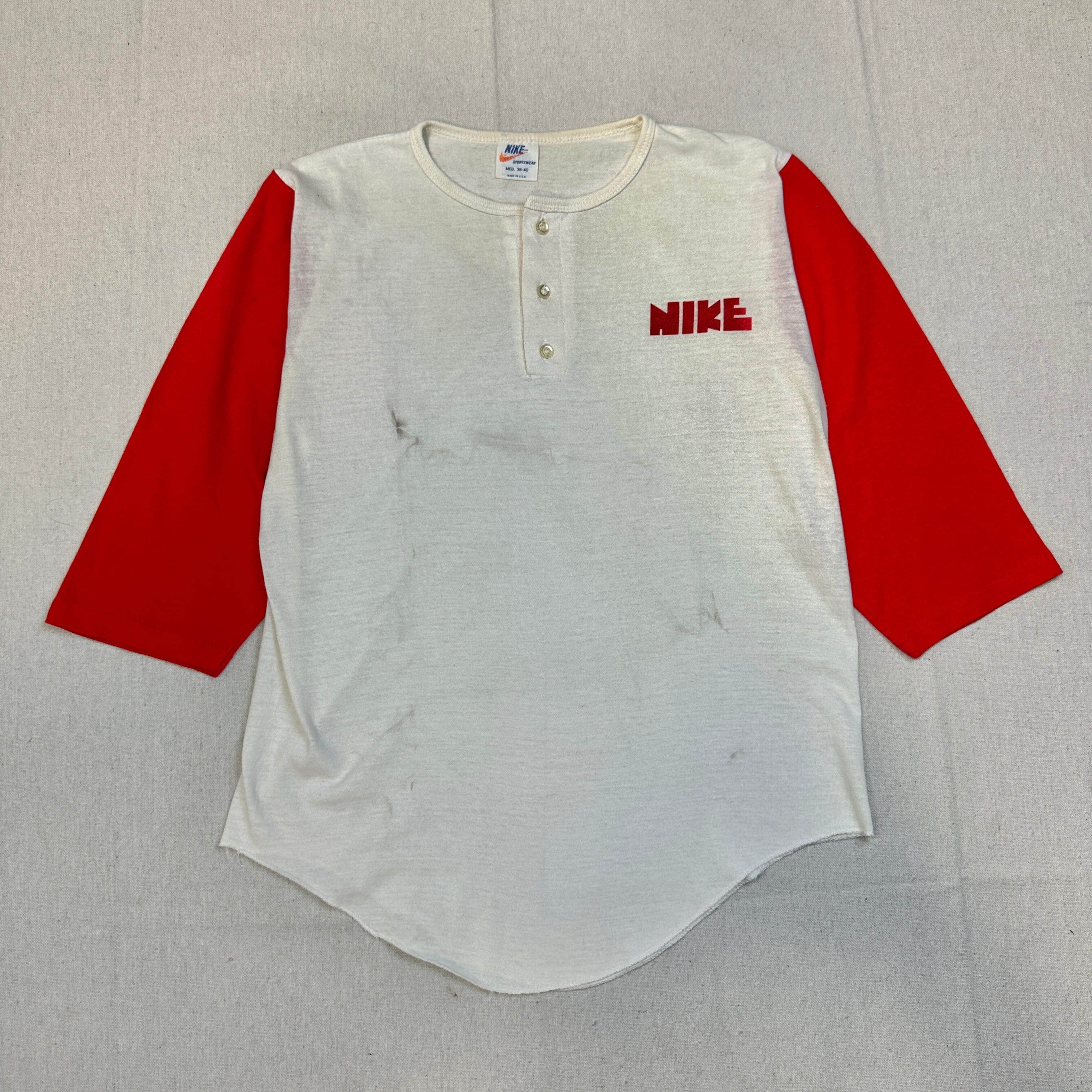 Vintage Nike Red Sleeve Henley Baseball Shirt Size Medium 80s FAIF.CA 