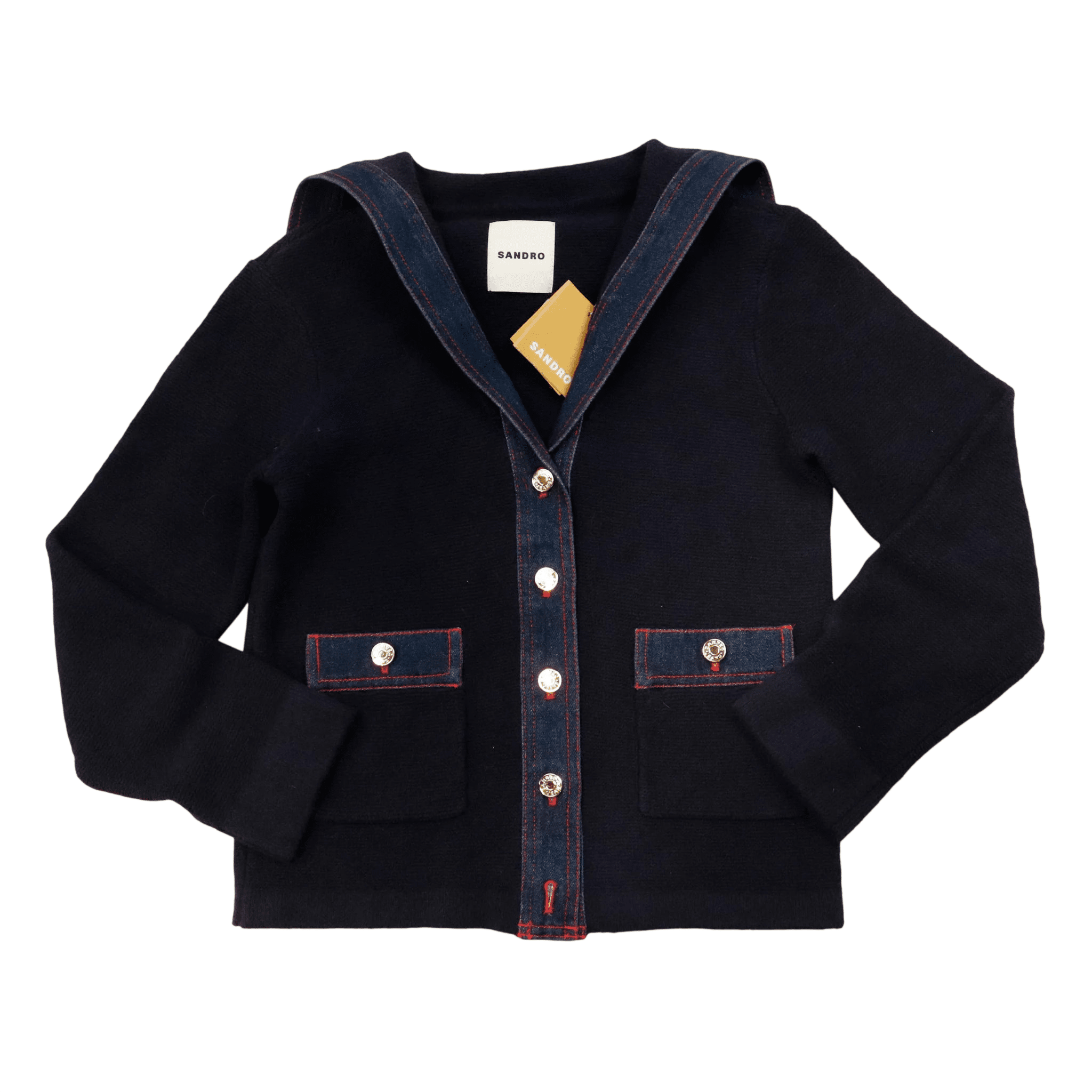 Vintage Sandro Denim Trim Button Up Blazer Jacket Top Size 1 Button-Up Sandro 