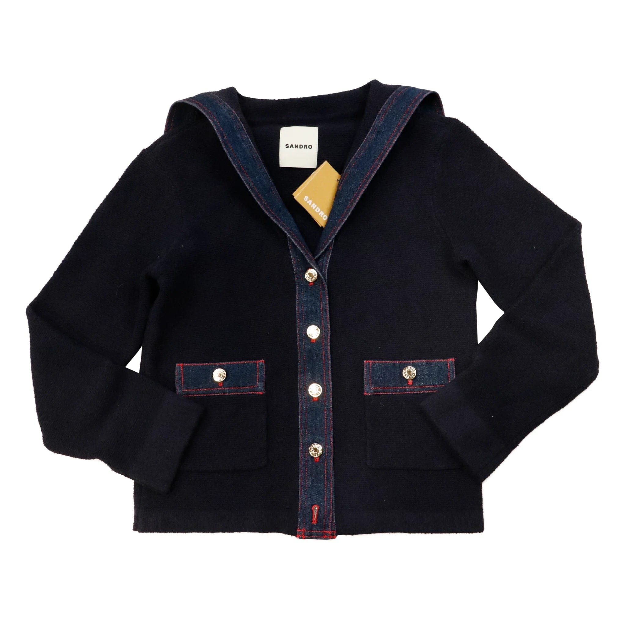 Vintage Sandro Denim Trim Button Up Blazer Jacket Top Size 1 Button-Up Sandro 