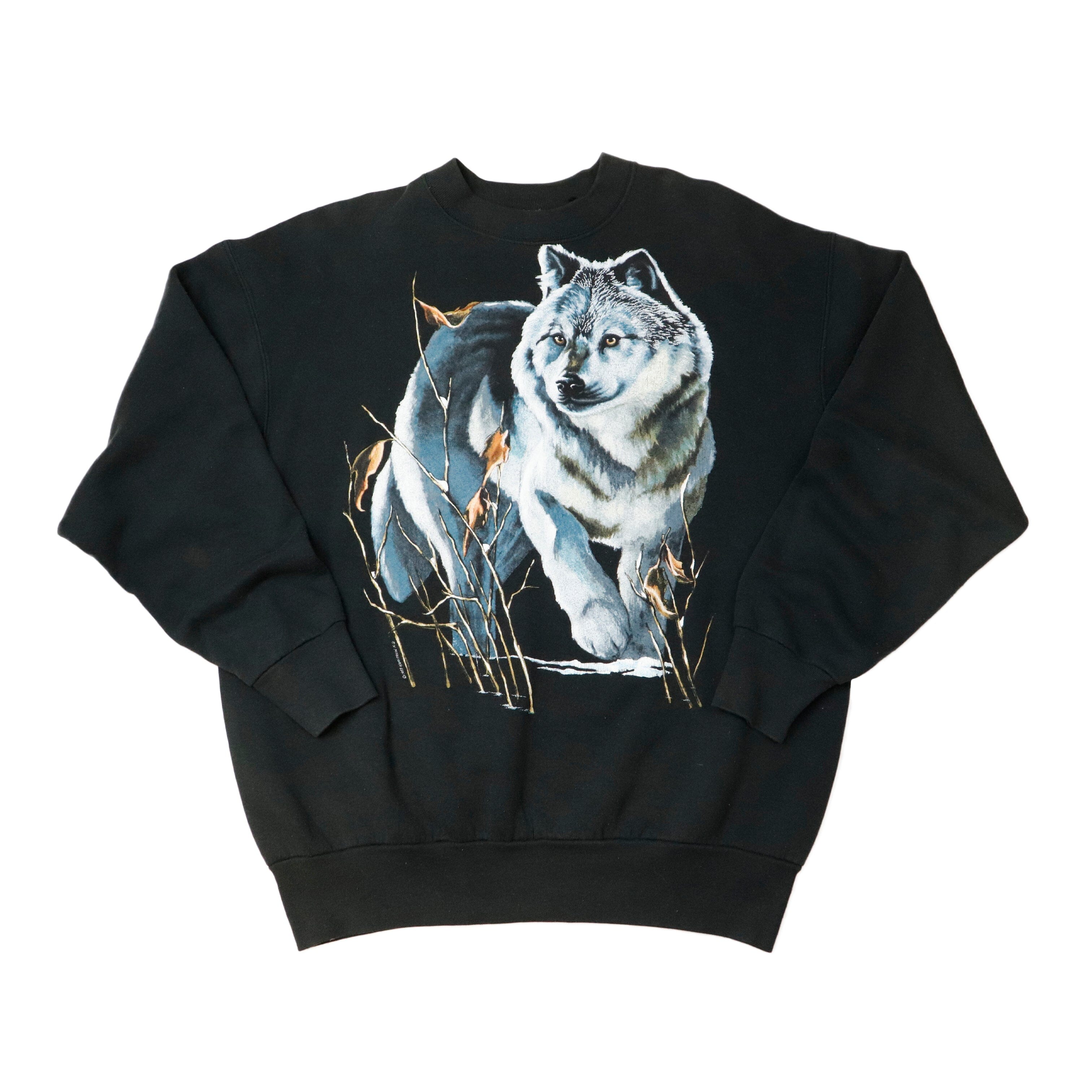 Vintage Wolf Print Black Crewneck Size XL Fruit of the Loom 